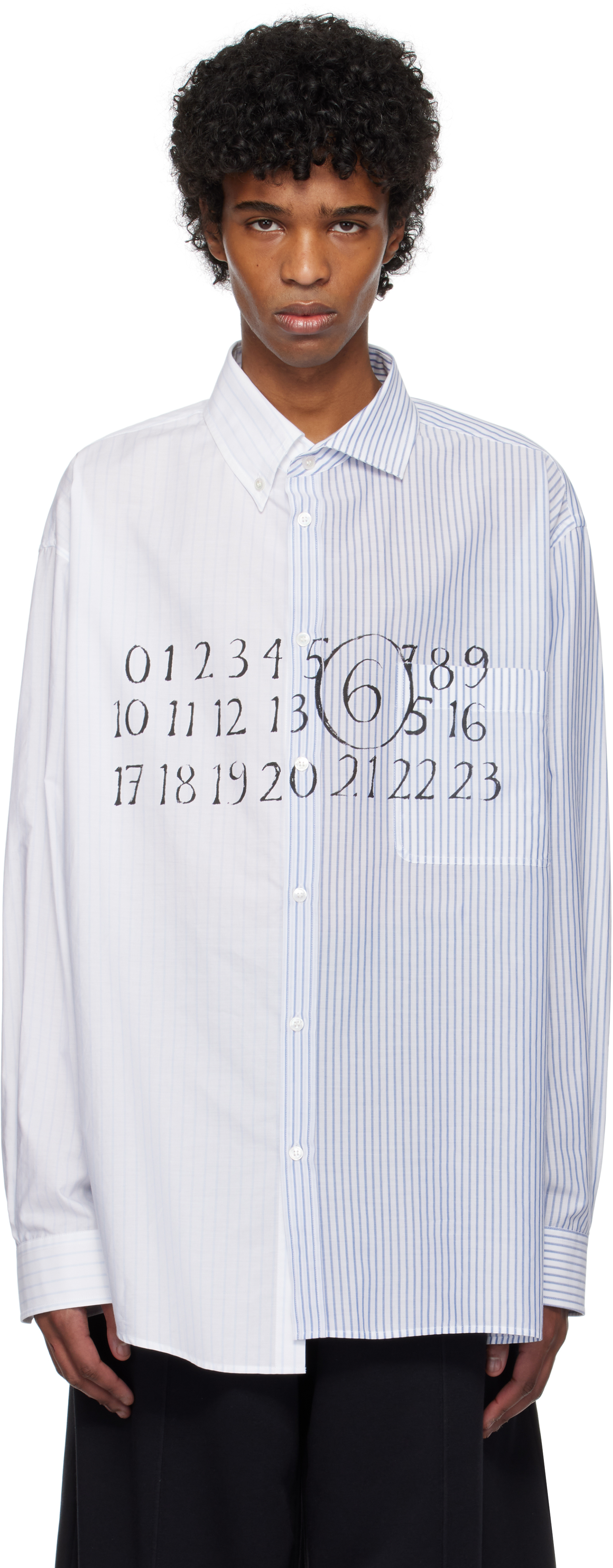 MM6 Maison Margiela: White & Blue Numeric Asymmetric Shirt