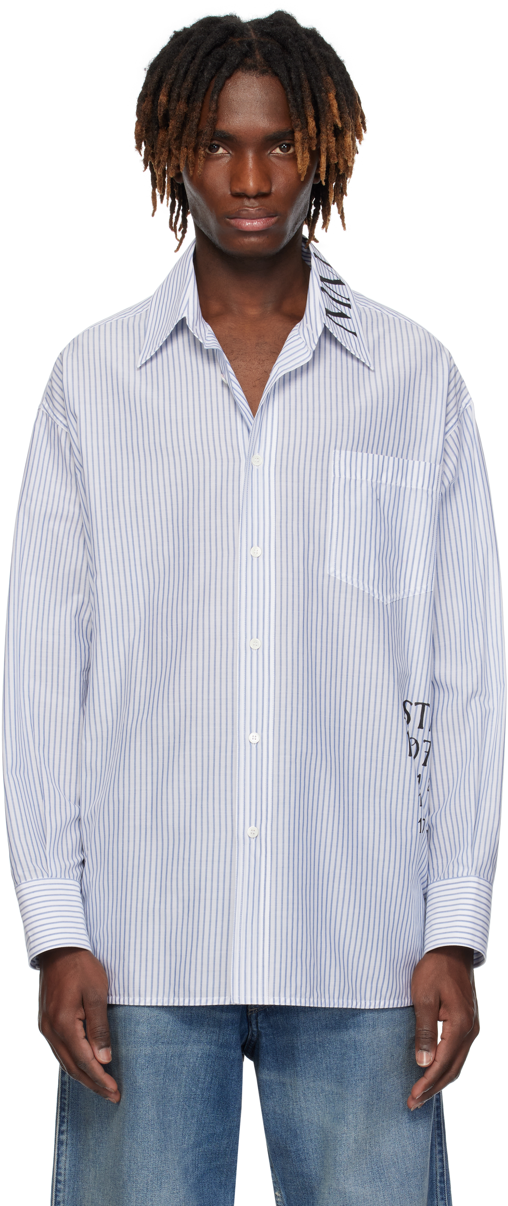 White 
Blue Asymmetric Striped Poplin Shirt