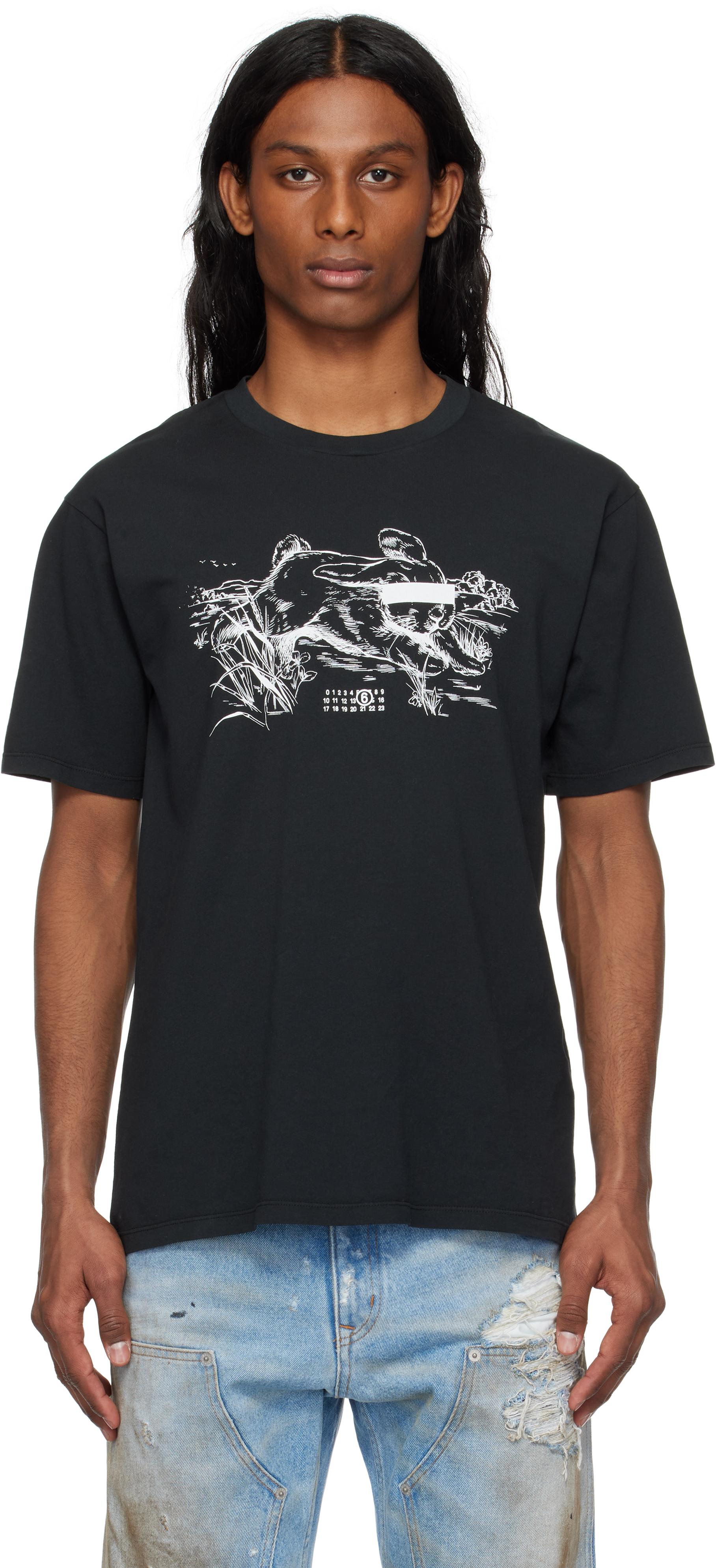 Black 'Suis le lapin blanc' T-shirt