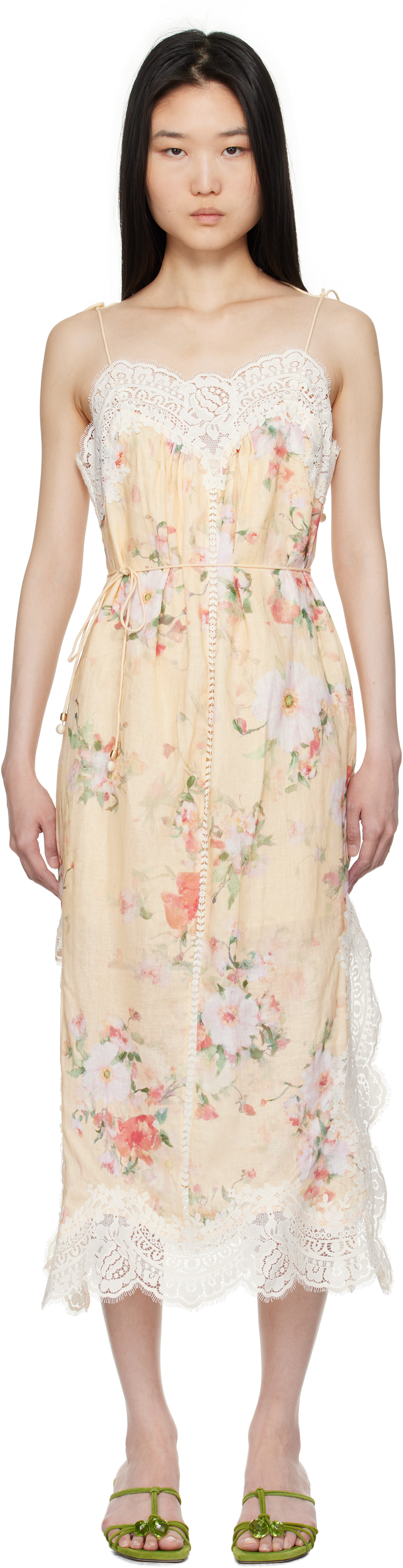 【Zimmermann】Everley belted lace-trimmed linen midi dress Zimmermann Everley Belted Lace-trimmed Floral-print Linen