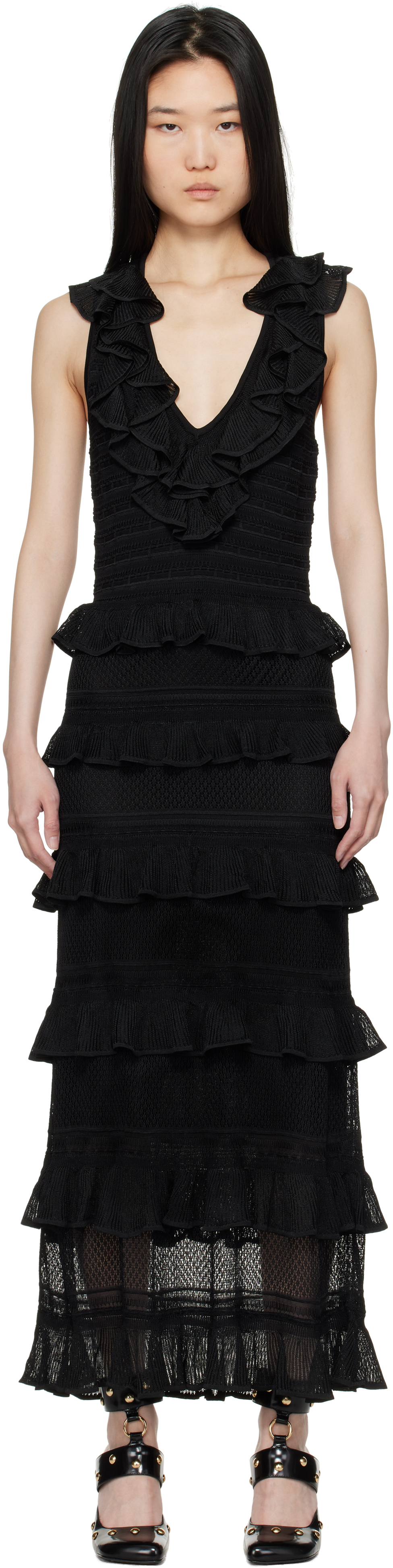 Zimmermann Crush Frilled V-neck Midi Dress In Blk Black