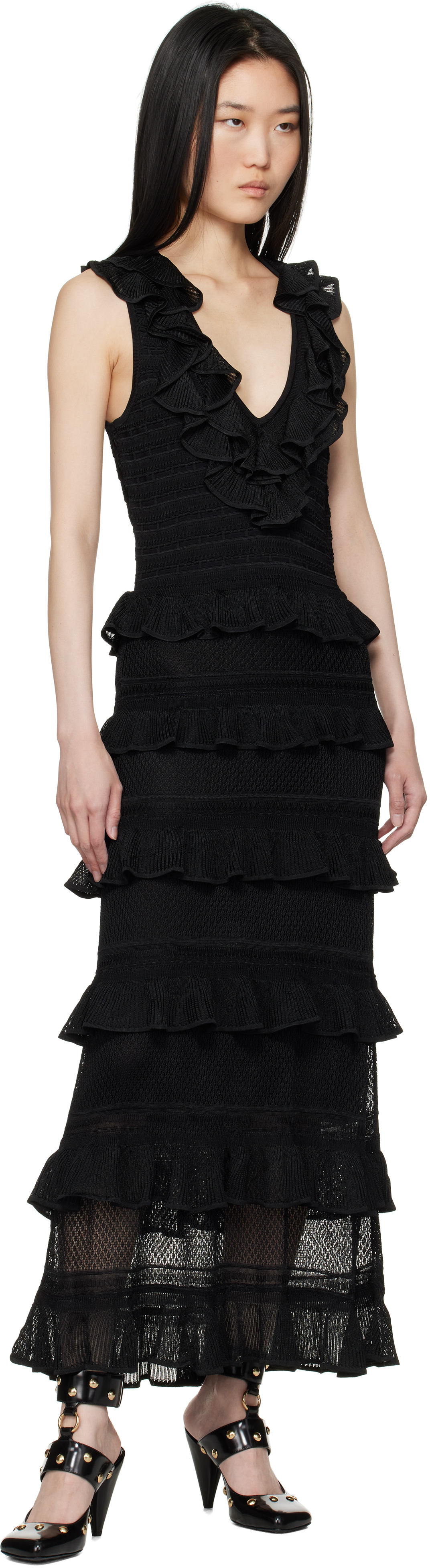 Zimmermann Crush Frilled V-neck Midi Dress In Blk Black