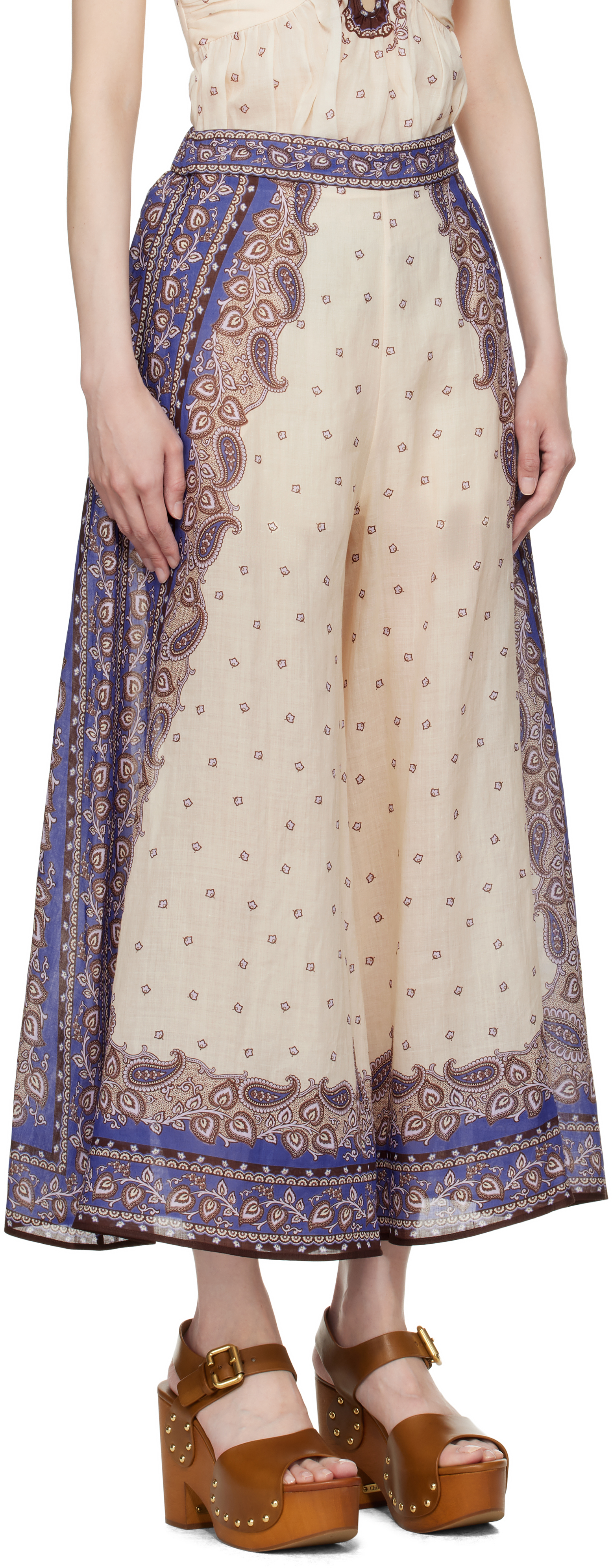 Shop Zimmermann Beige & Purple Maxine Wide Leg Cropped Trousers In Ppsly Purple Paisley