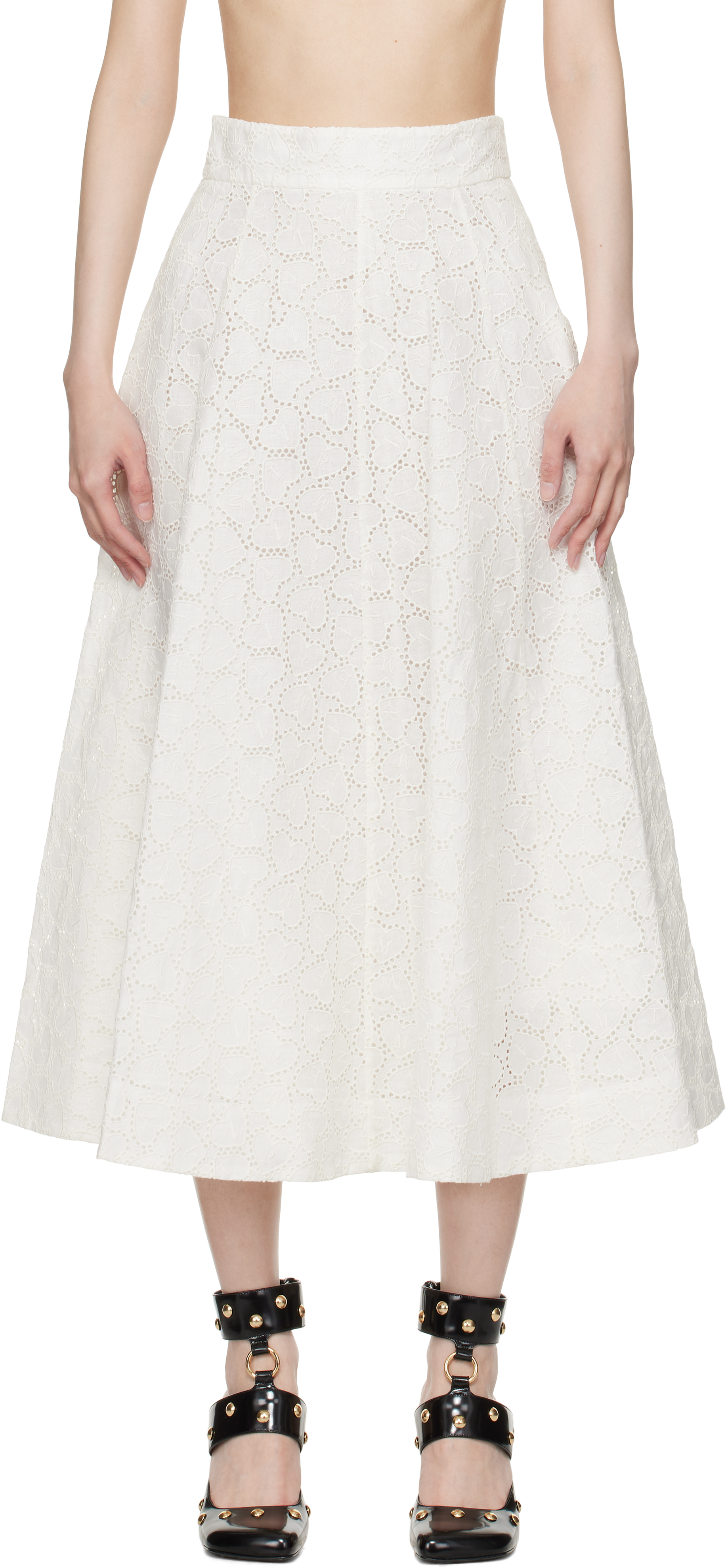 Zimmermann White Crush Embroidered Midi Skirt In Ivo Ivory