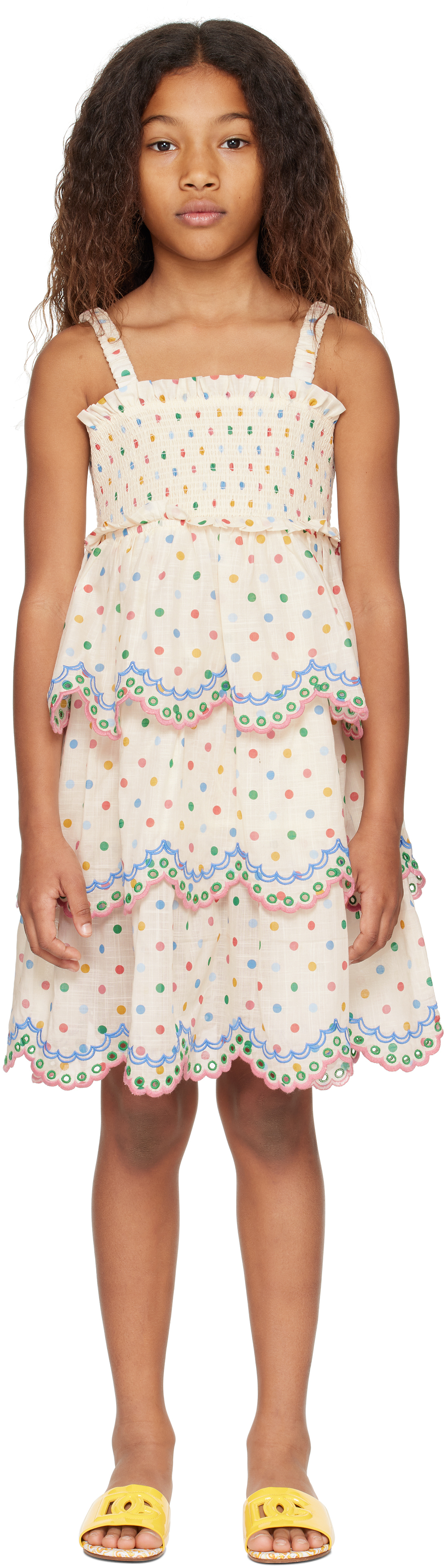 Zimmermann Kids Off-white Everley Embroidery Dress In Crplkdt Cream Polka