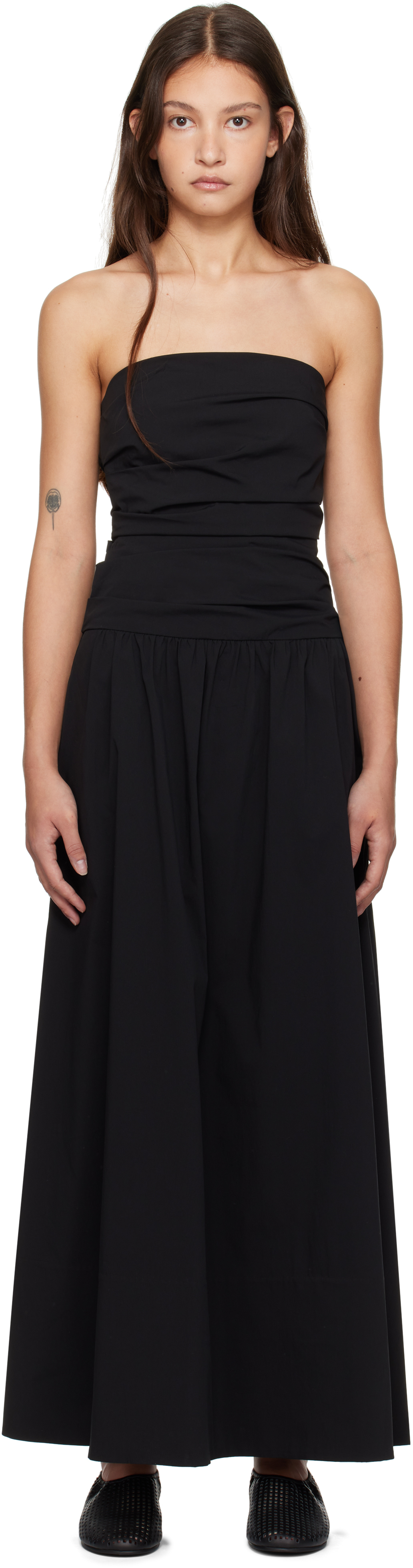 Black Gathered Strapless Tie Back Maxi Dress