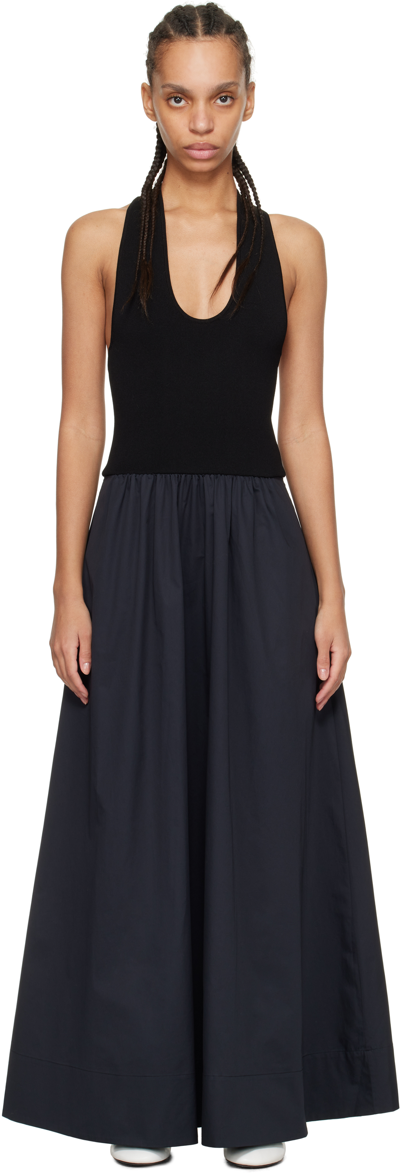 Black Plunge Neck Midi Dress