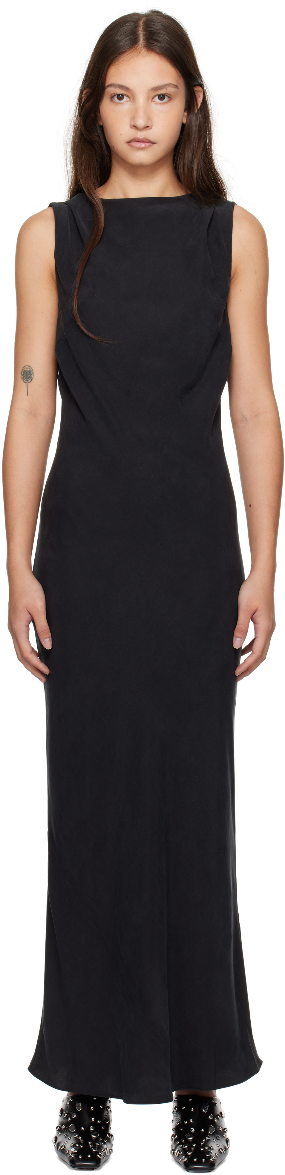 Black Draped Cowl Midi Dress