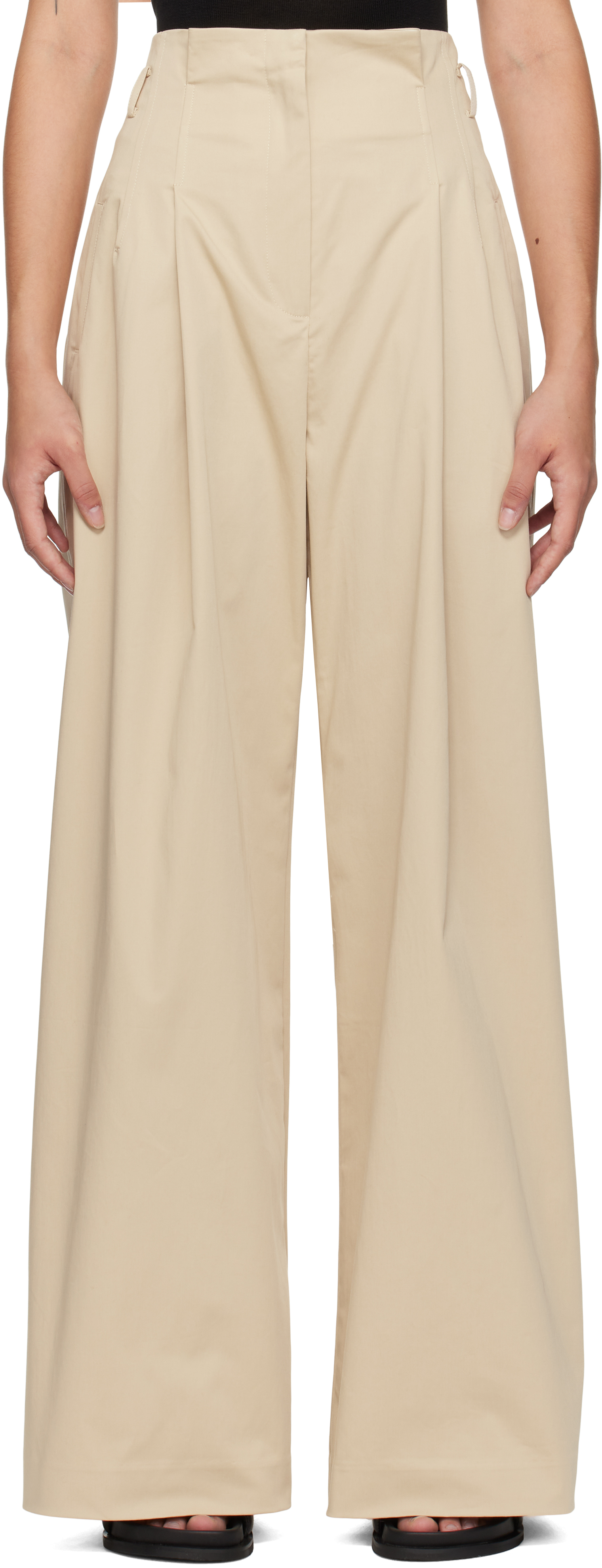 Beige Cotton Paperbag Waist Trousers