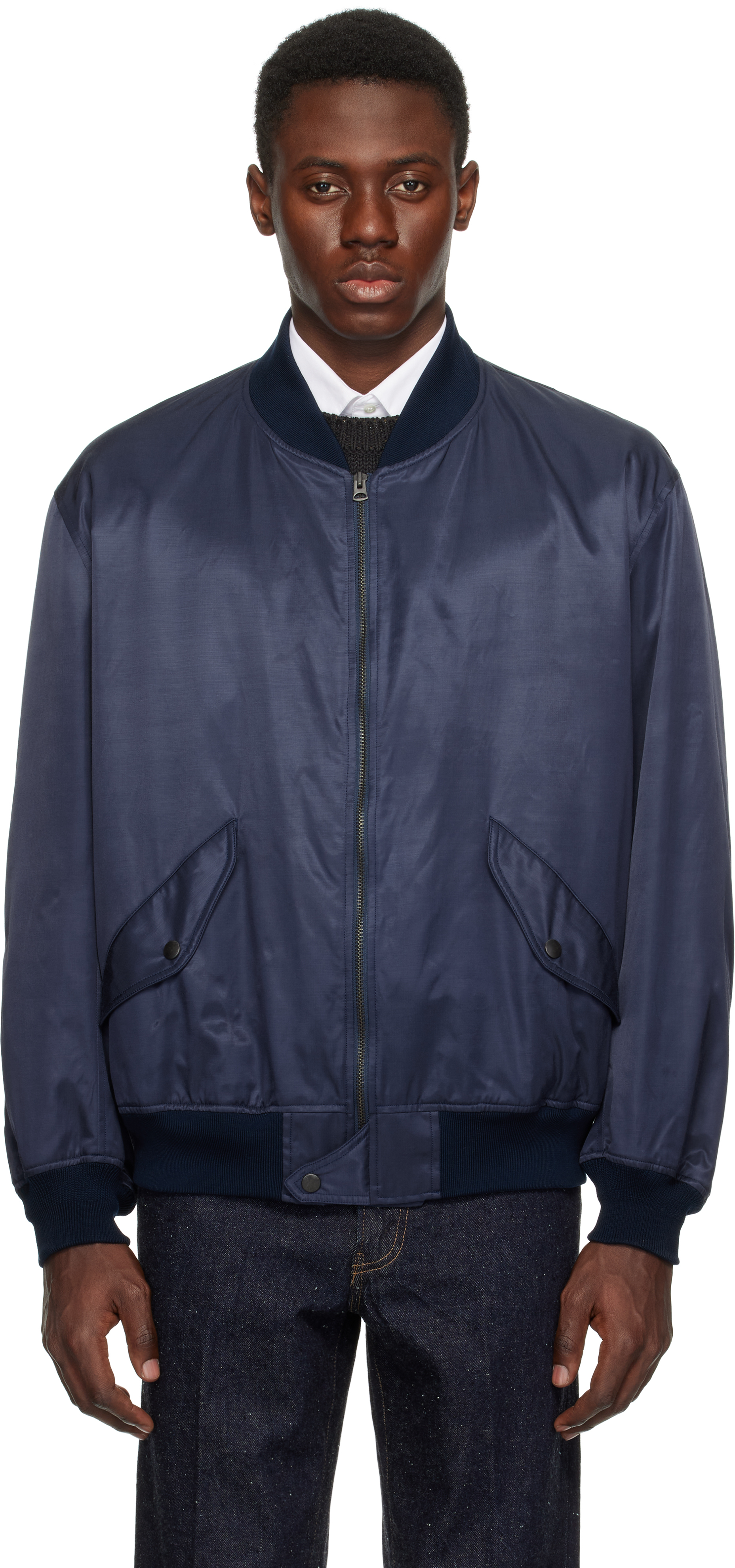 Navy USA Cotton Satin Flight Bomber Jacket