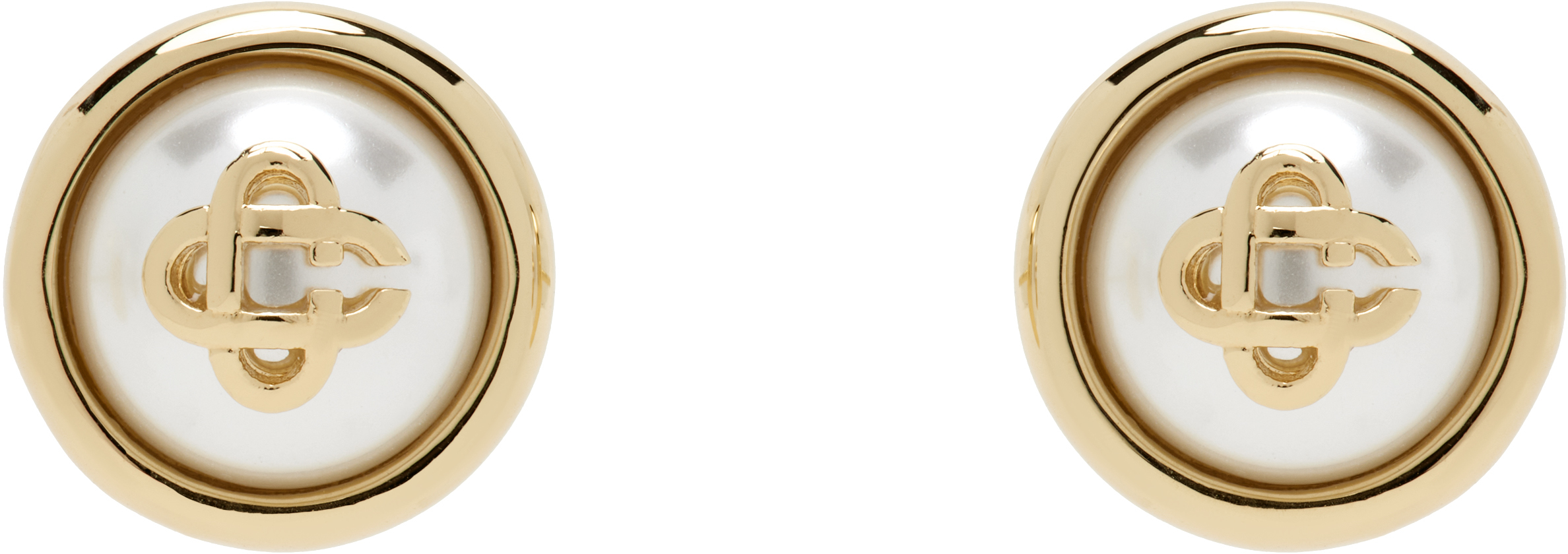 Gold & White Faux-Pearl Logo Stud Earrings