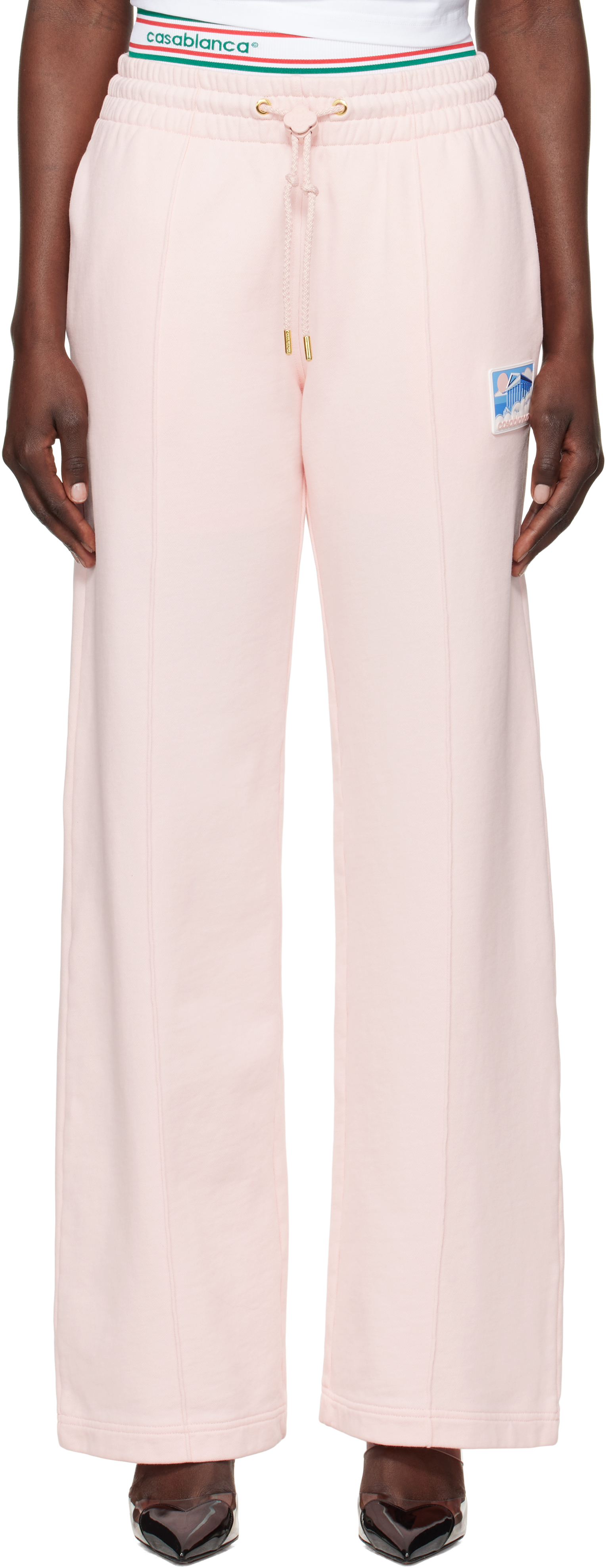 Pink Greek Temple Patch Open Hem Lounge Pants