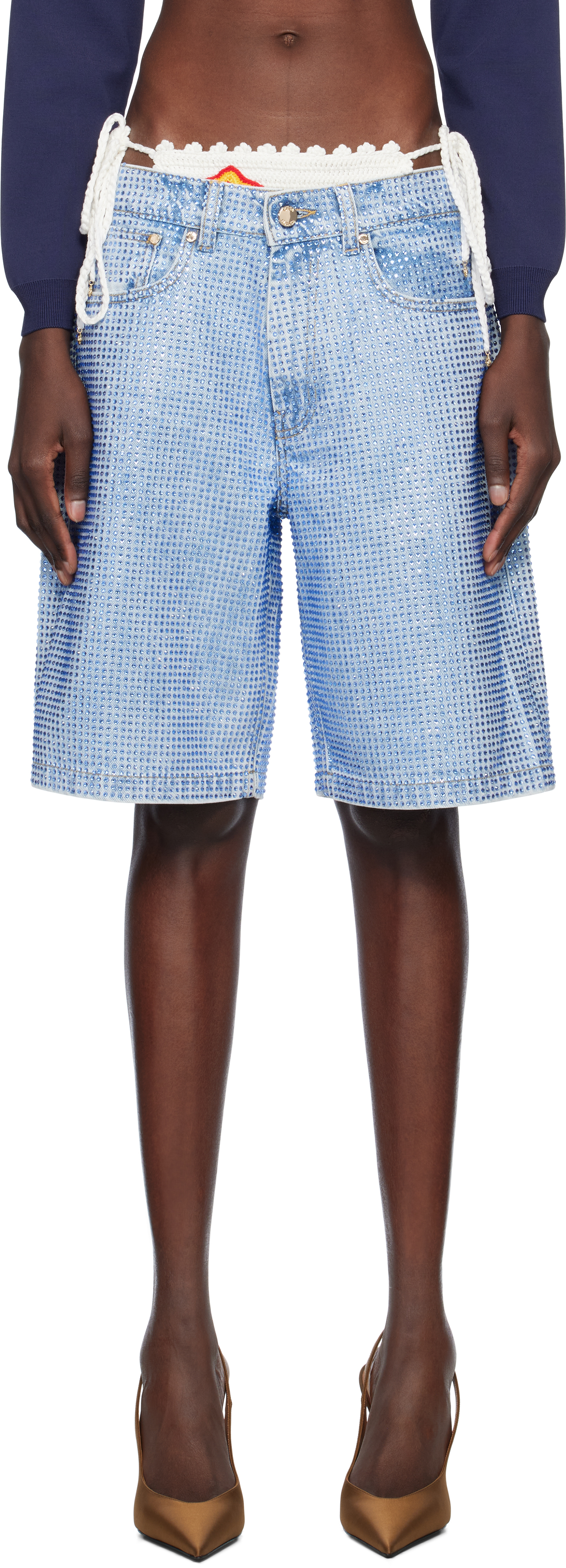 Blue Crystal Embellished Denim Shorts