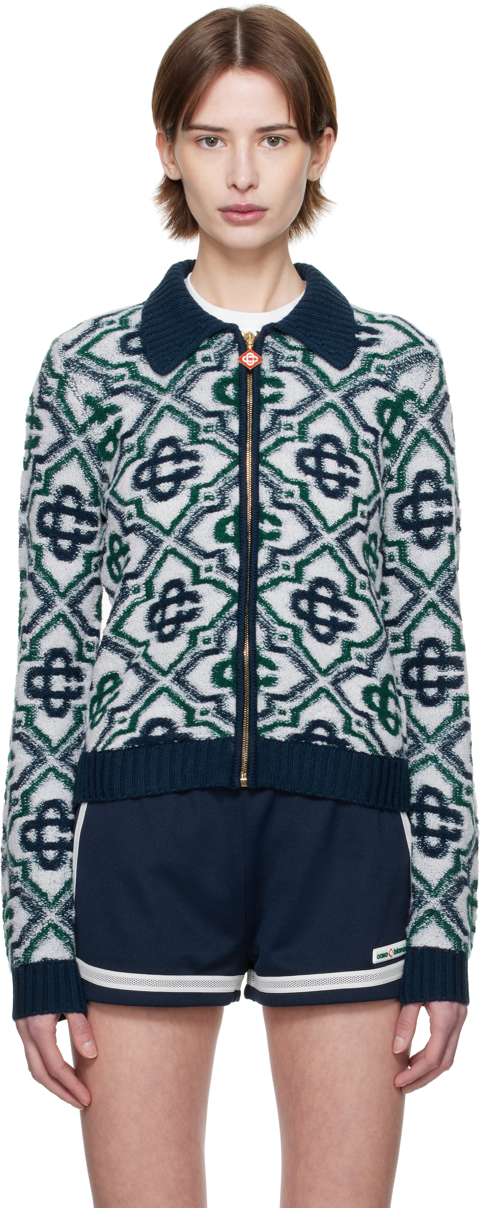 Casablanca Monogram Zip-up Cardigan In Green / Navy