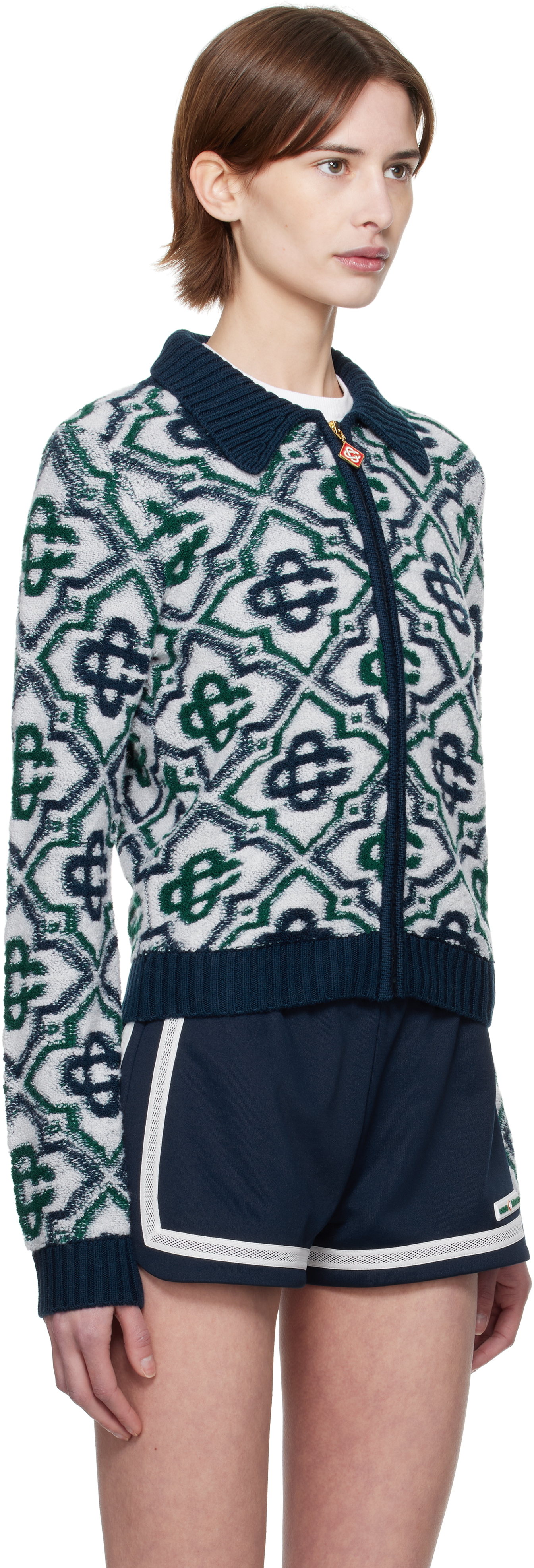 Casablanca Monogram Zip-up Cardigan In Green / Navy