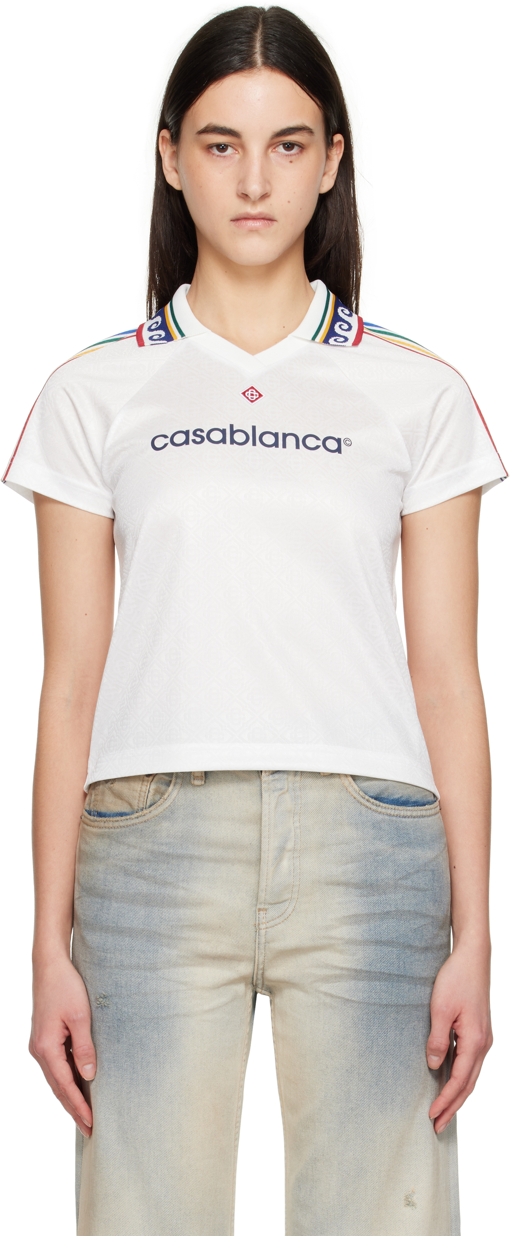 Tシャツ・カットソー CASABLANCA JACQUARD MONOGRAM FOOTBALL T-SHIRT White Jacquard Monogram Football T-shirt by Casablanca on Sale