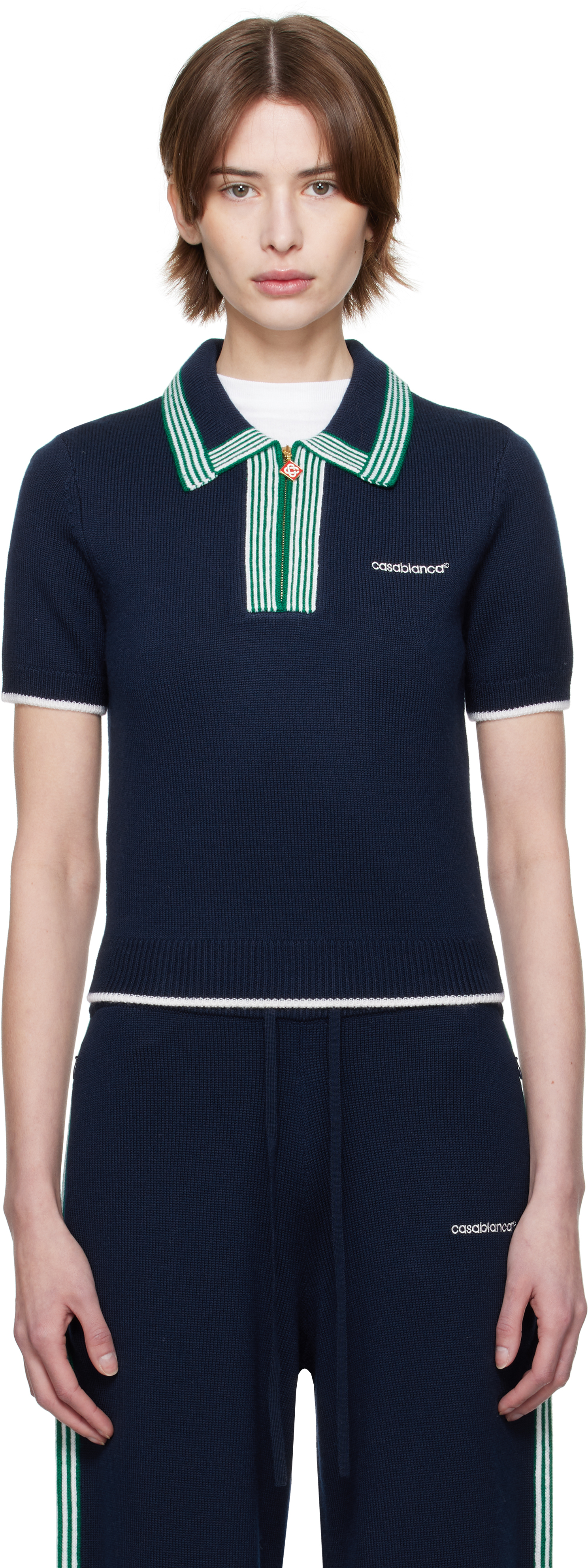 Navy 
Green Knit Tennis Polo