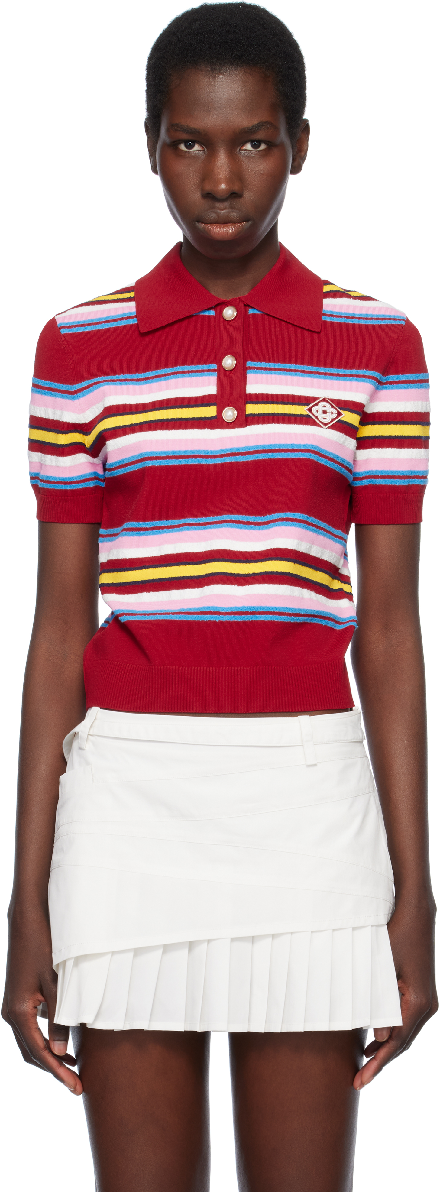 Casablanca Striped Cropped Polo With Ribbed Hem In Dark Red