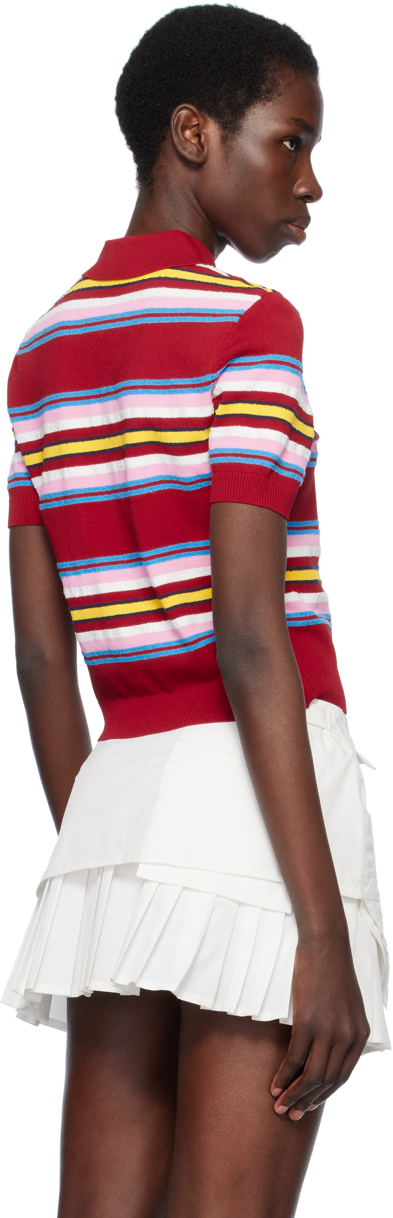 Casablanca Striped Cropped Polo With Ribbed Hem In Dark Red