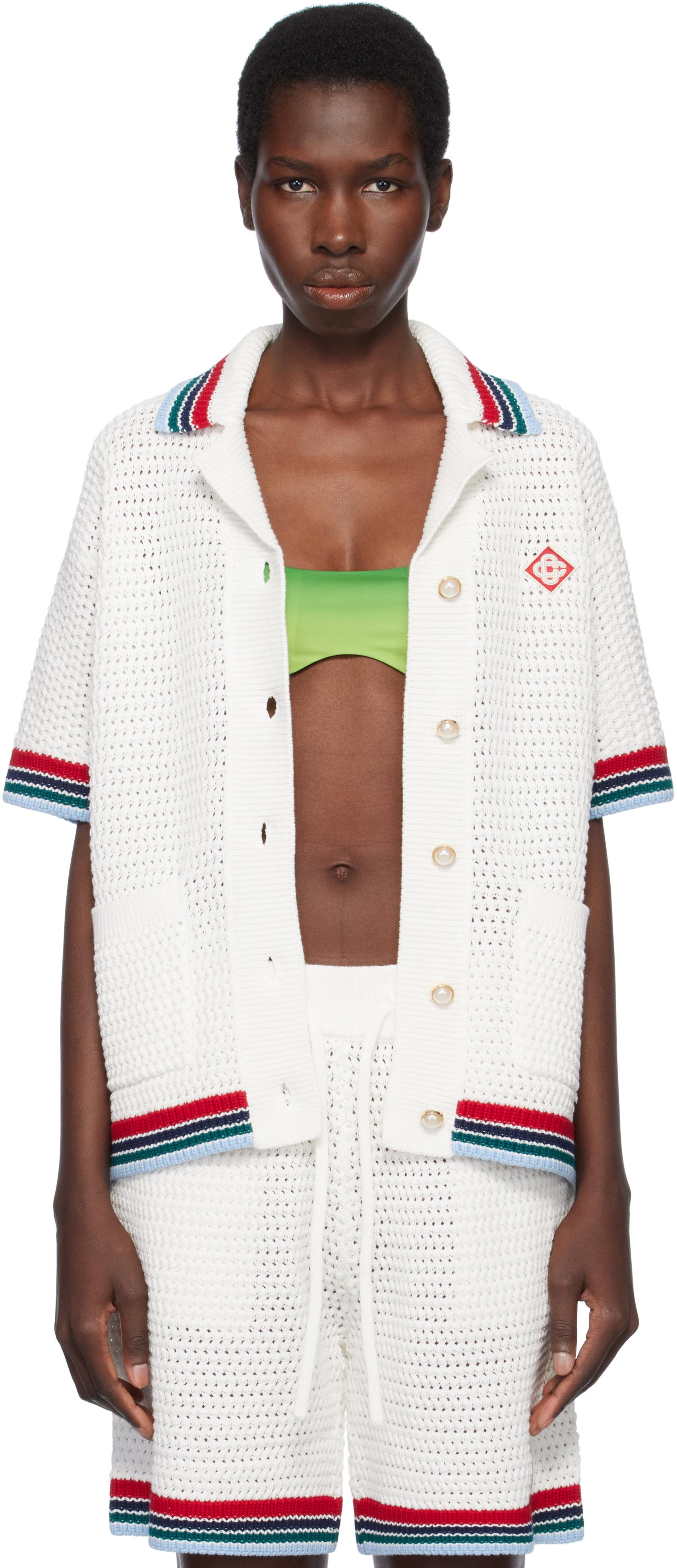 Casablanca Womens Sporty Faux Crochet Cotton-knit Shirt White In White