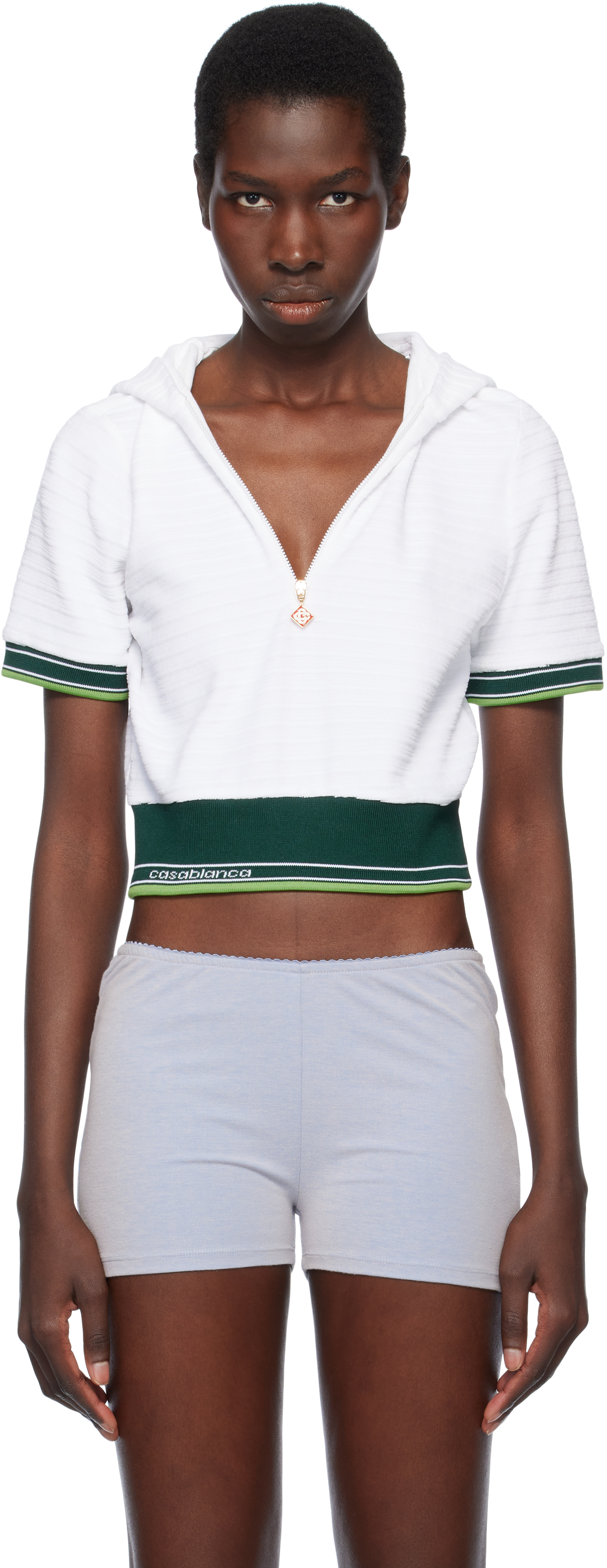 White Textured Velour Tennis Cropped Hooded T-shirt