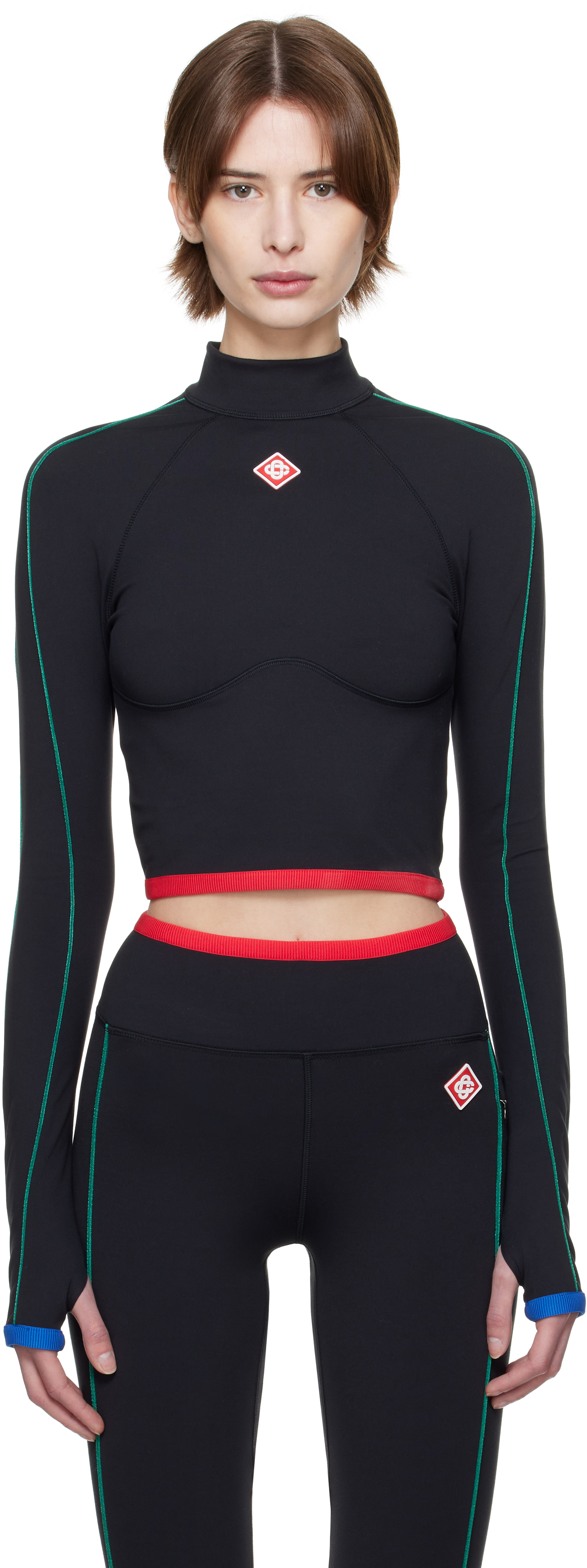 Casablanca Stripe Long-sleeve Cropped Activewear Top In Black