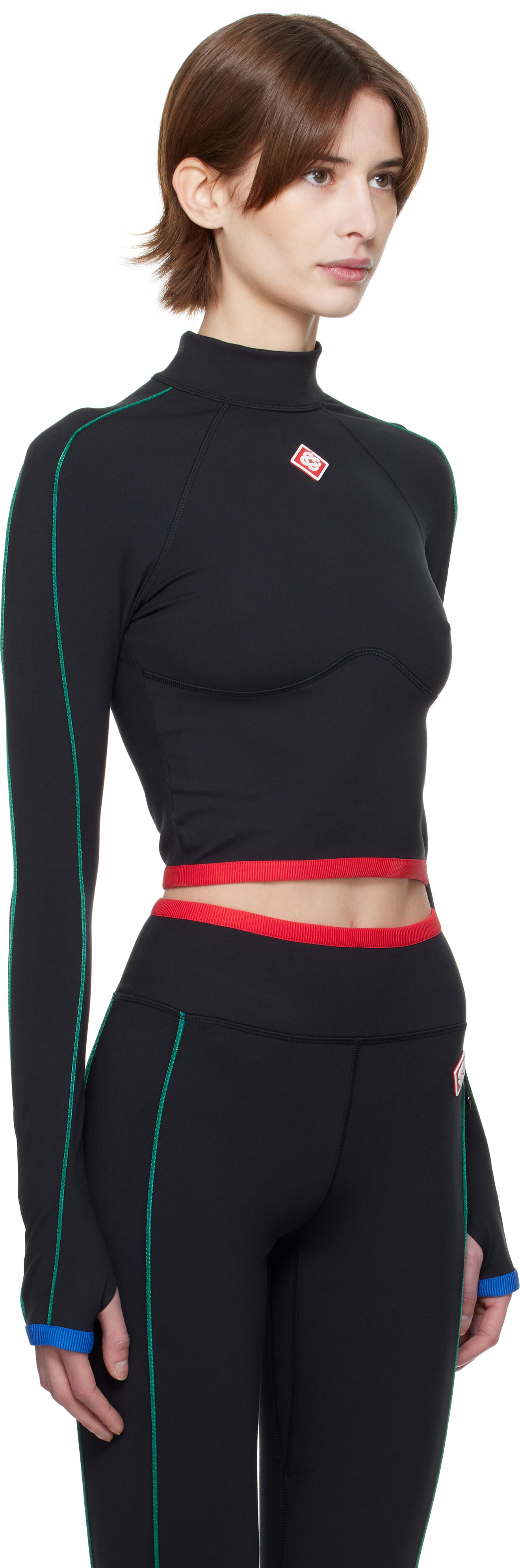 Casablanca Stripe Long-sleeve Cropped Activewear Top In Black