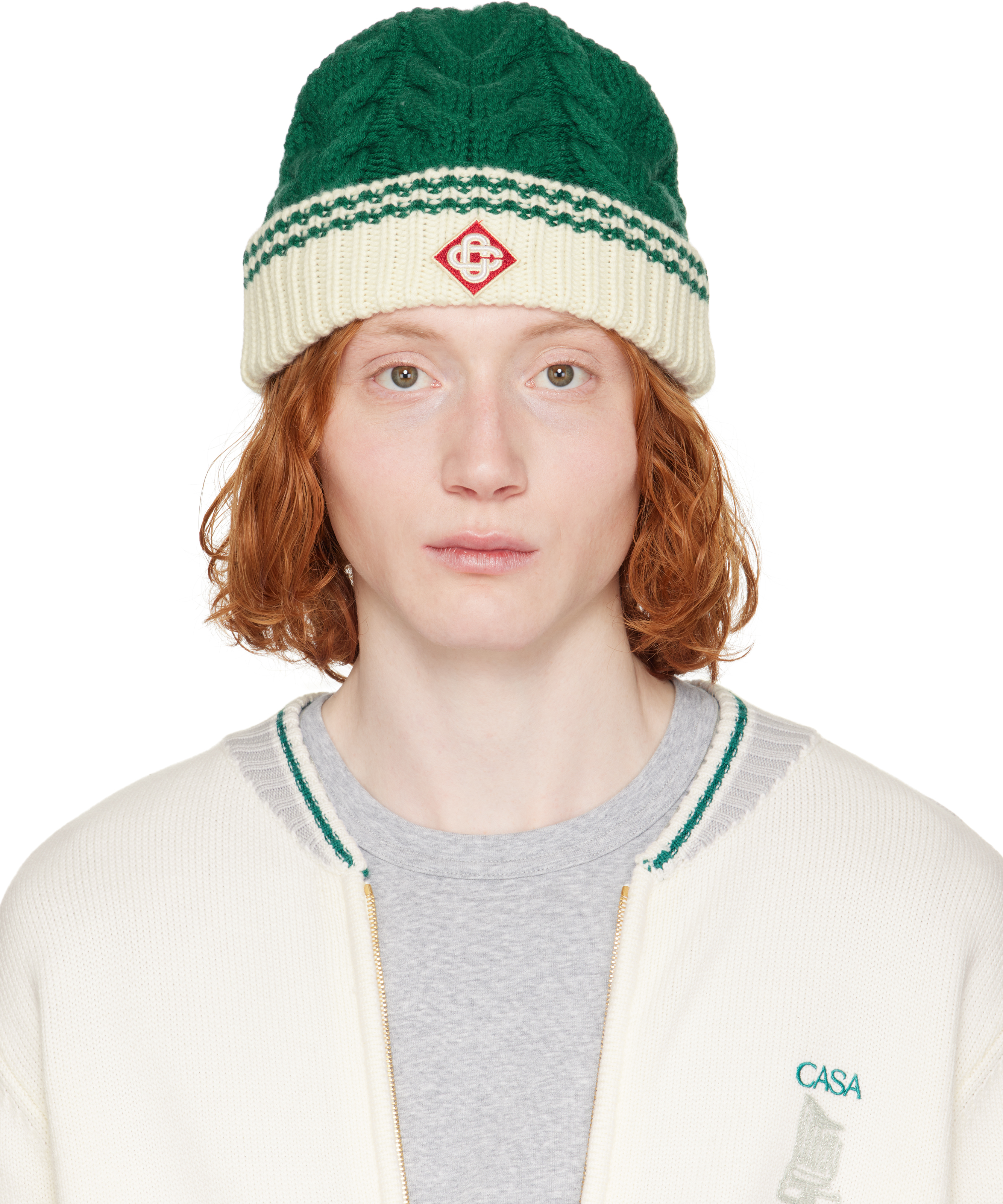 Casablanca Cable Stitch Beanie Accessories In Green/white