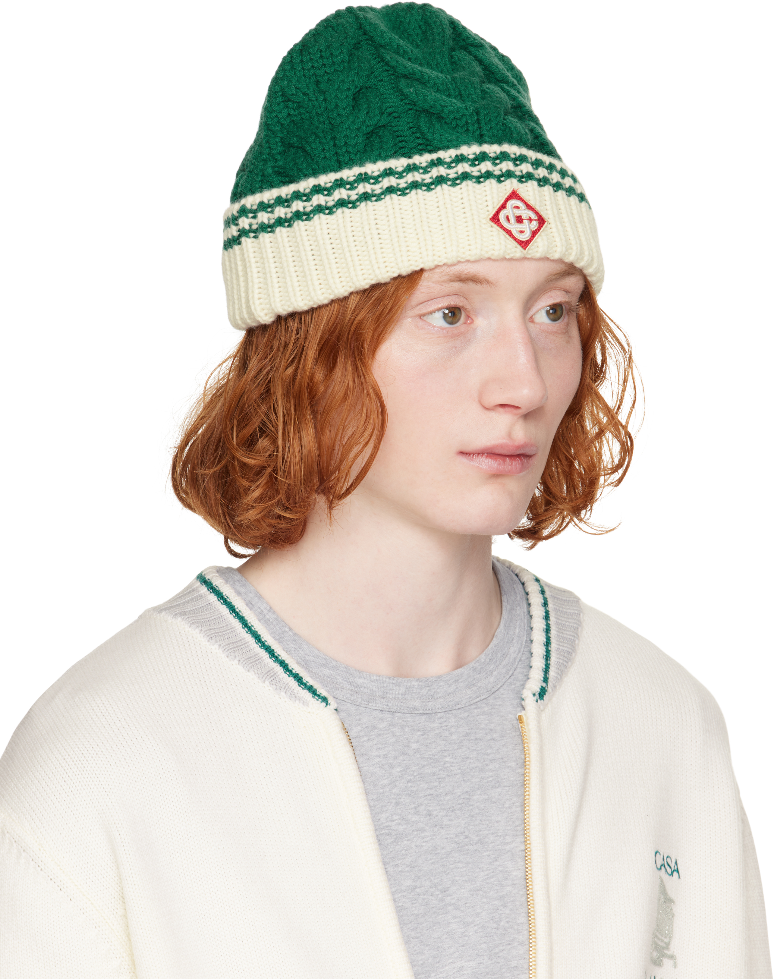 Casablanca Cable Stitch Beanie Accessories In Green/white