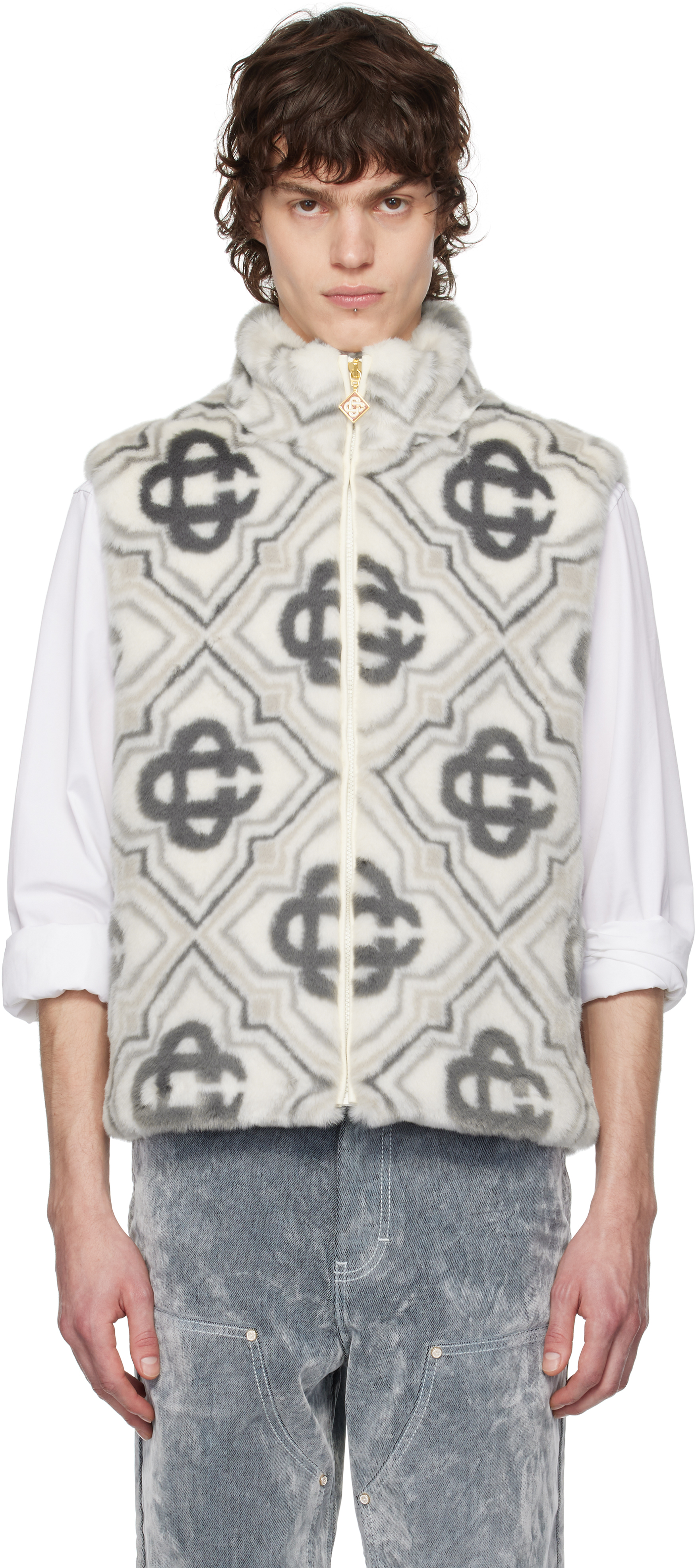 Casablanca: Gray Monogram Faux-Fur Vest | SSENSE