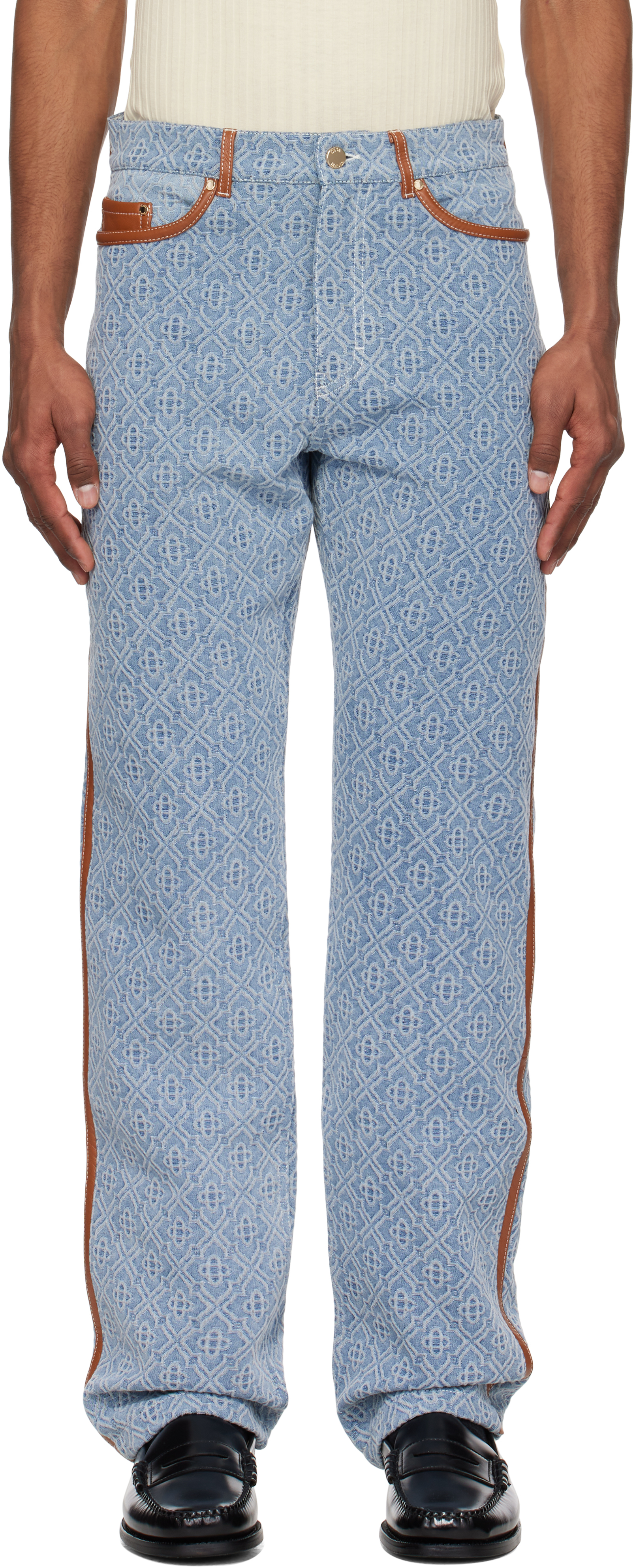Blue Diamond Monogram Leather Trim Jeans