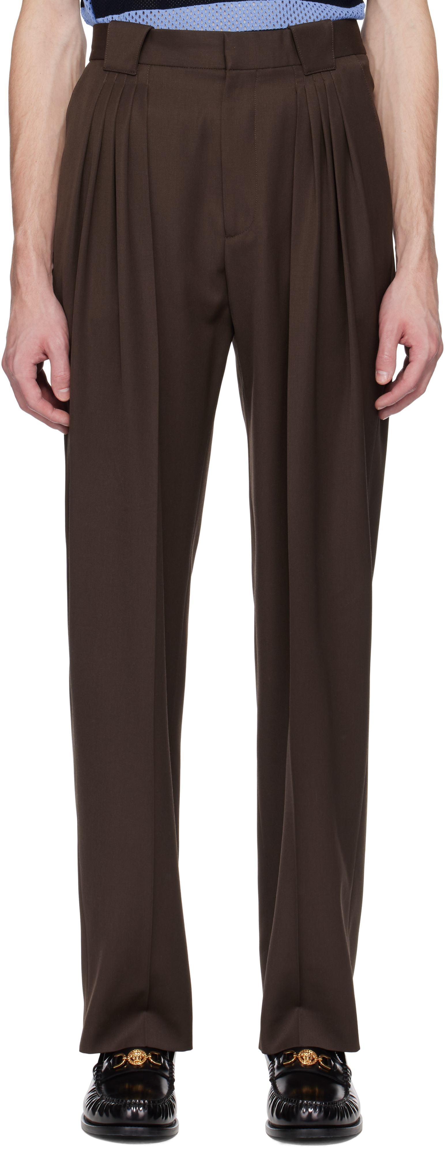 Brown Wool Pleated Tailored Trousers