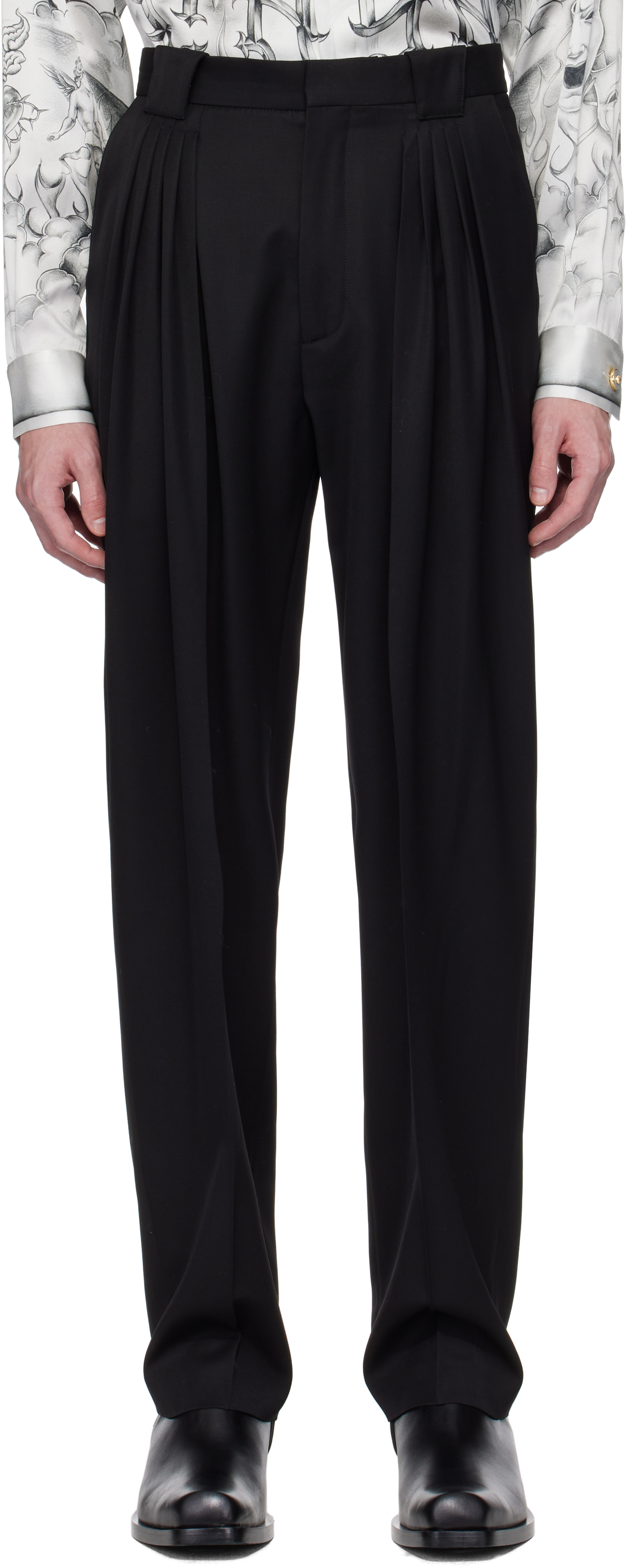 Black Wool Pleated Tailored Trousers