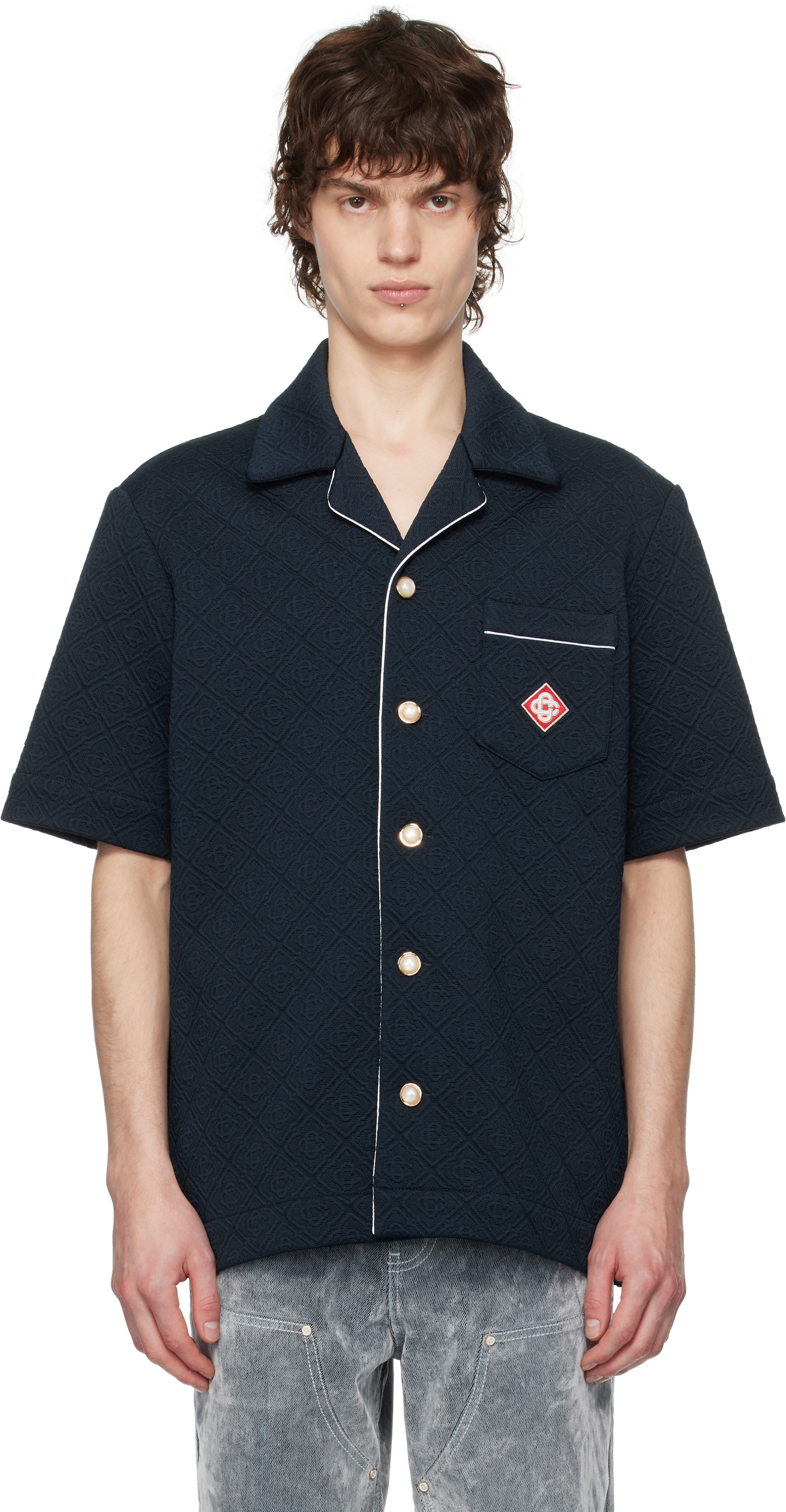 Navy Jacquard Monogram Shirt