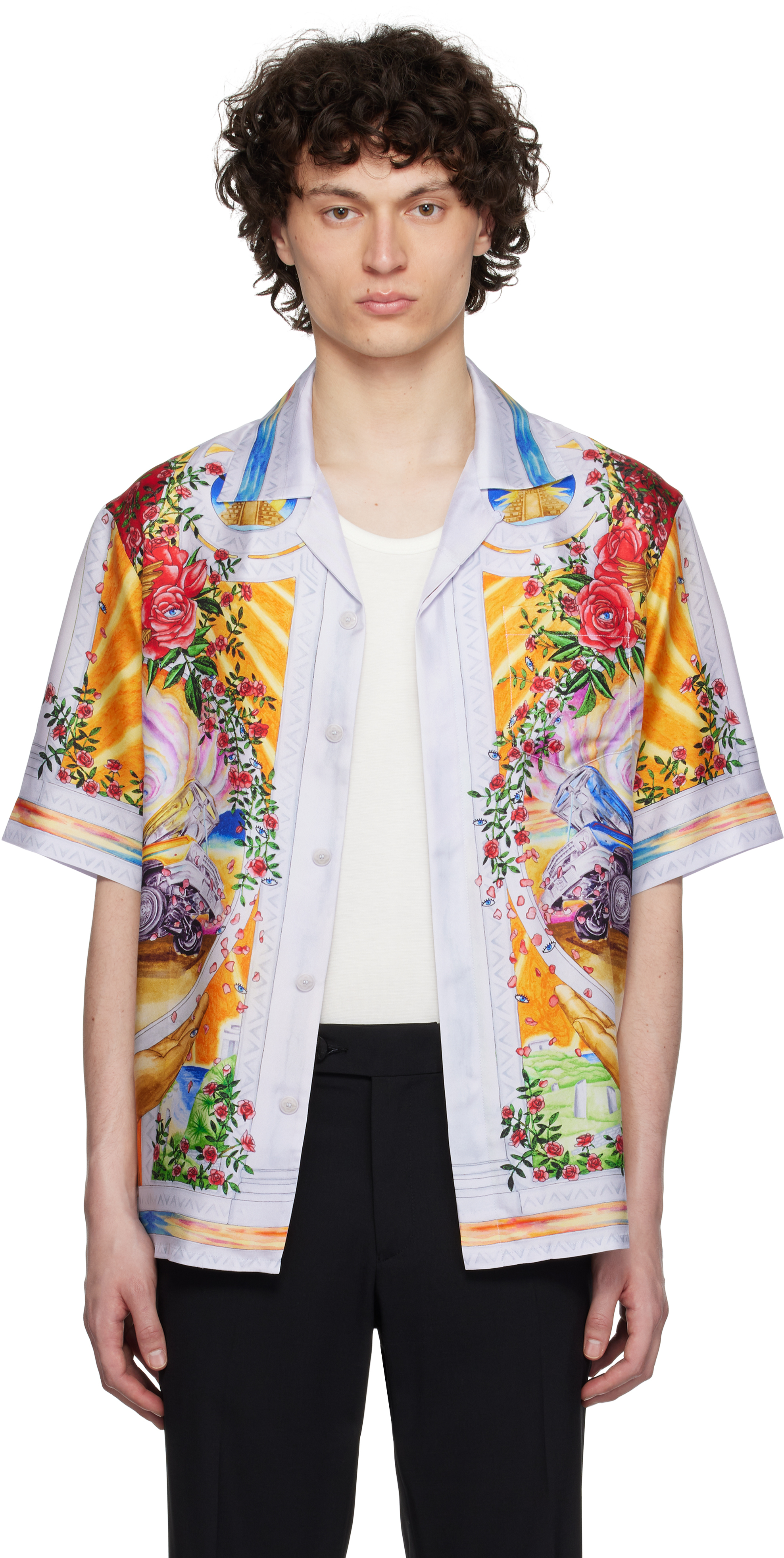 Multicolor 'La Tornade De Rose' Short Sleeve Silk Shirt