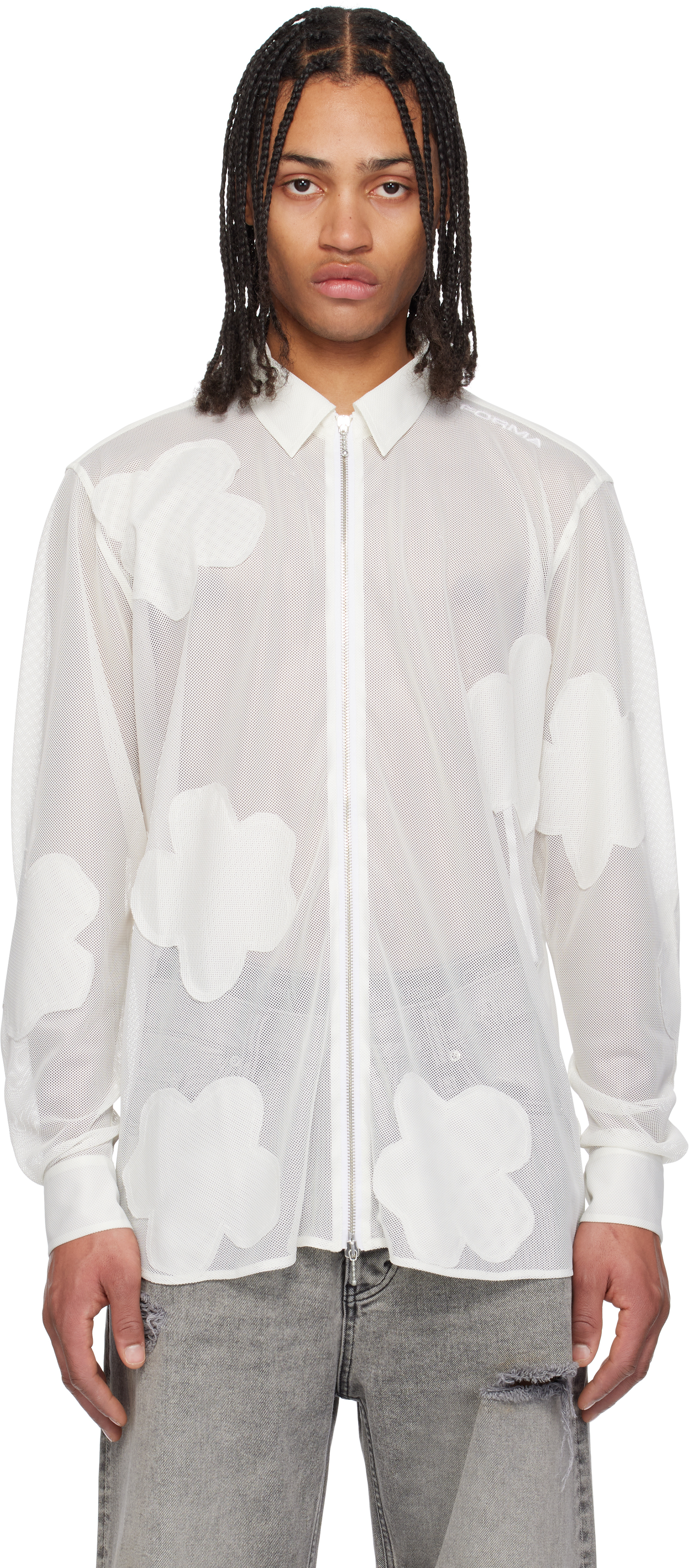 Forma White Flower Patches Ls Zip Shirt In 001 White