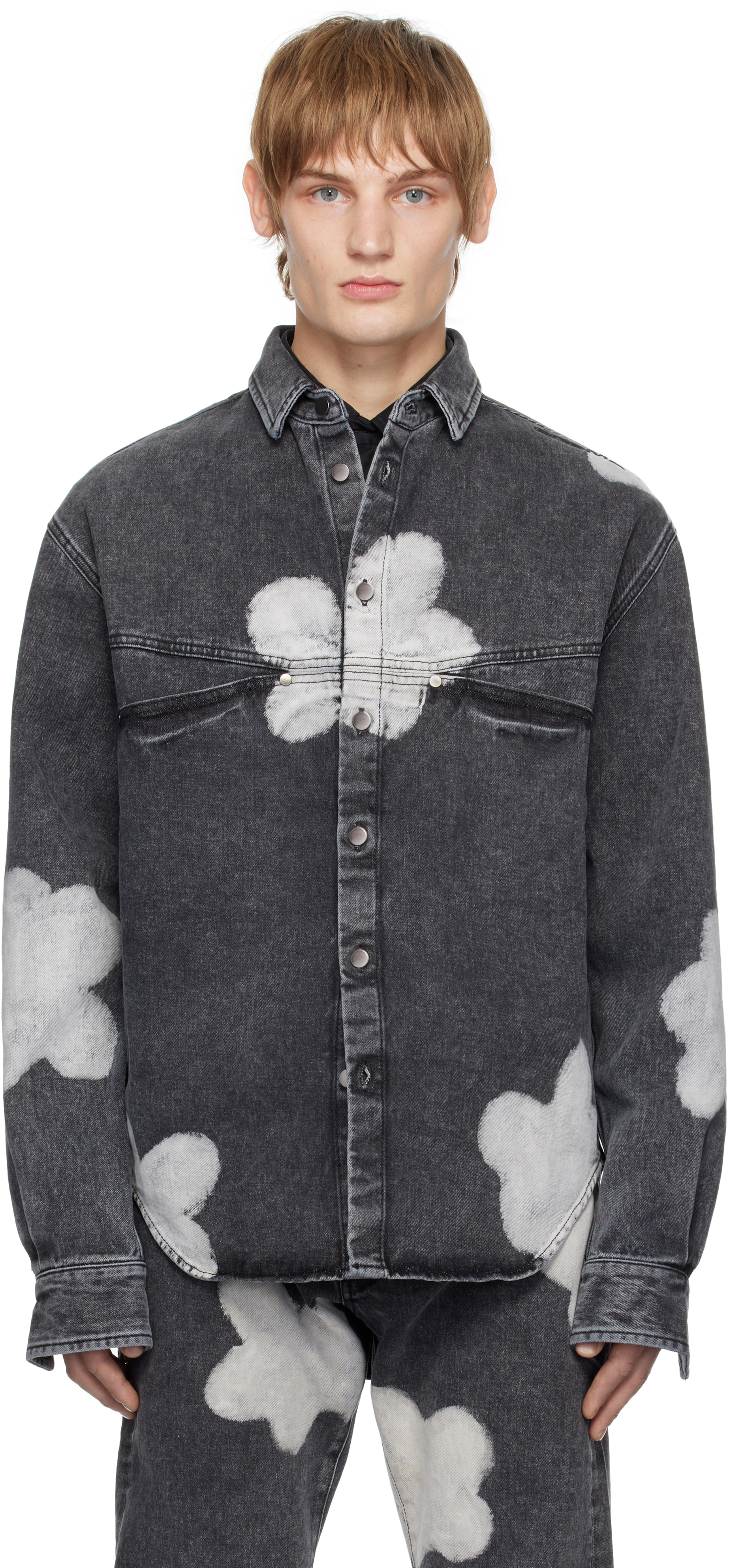 Black Bleached Flowers Denim Shirt