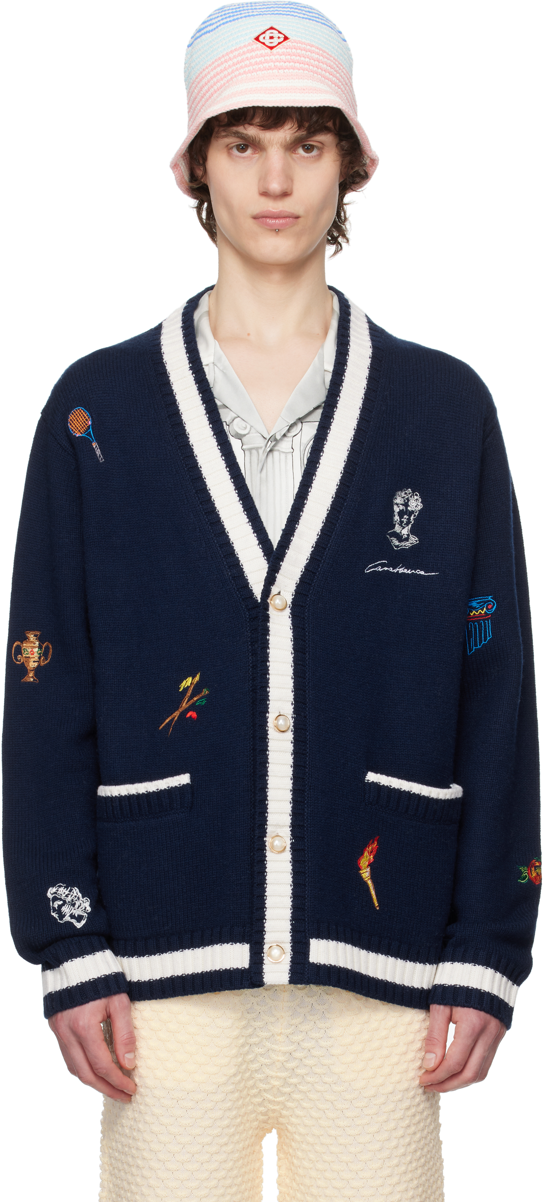 Navy Cashmere Embroidered Cardigan