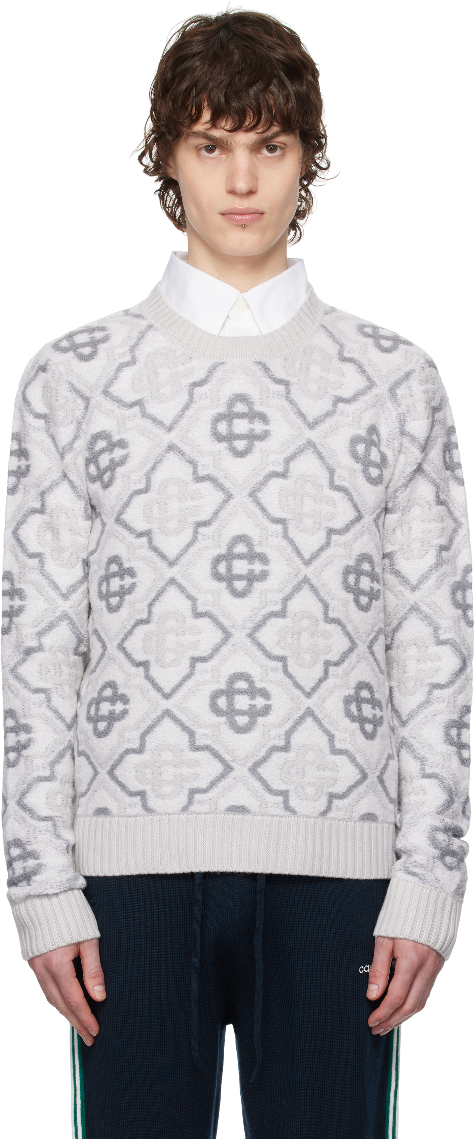 Casablanca: Gray Monogram Knit Sweater | SSENSE Casablanca: Gray Monogram Knit Sweater | SSENSE