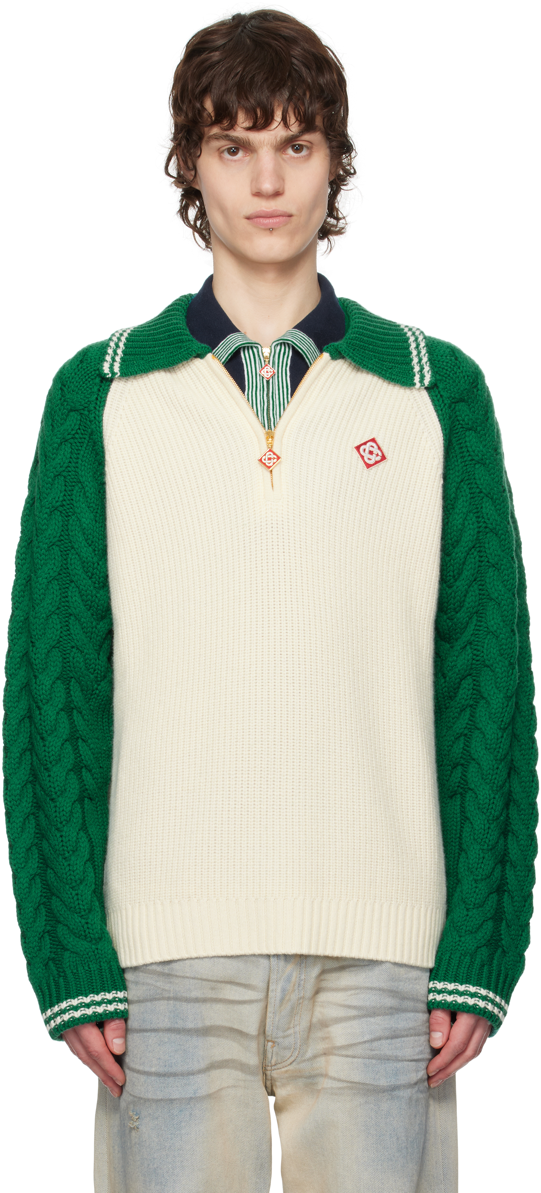 Green & Off-White Cashmere Cable Knit Sweater