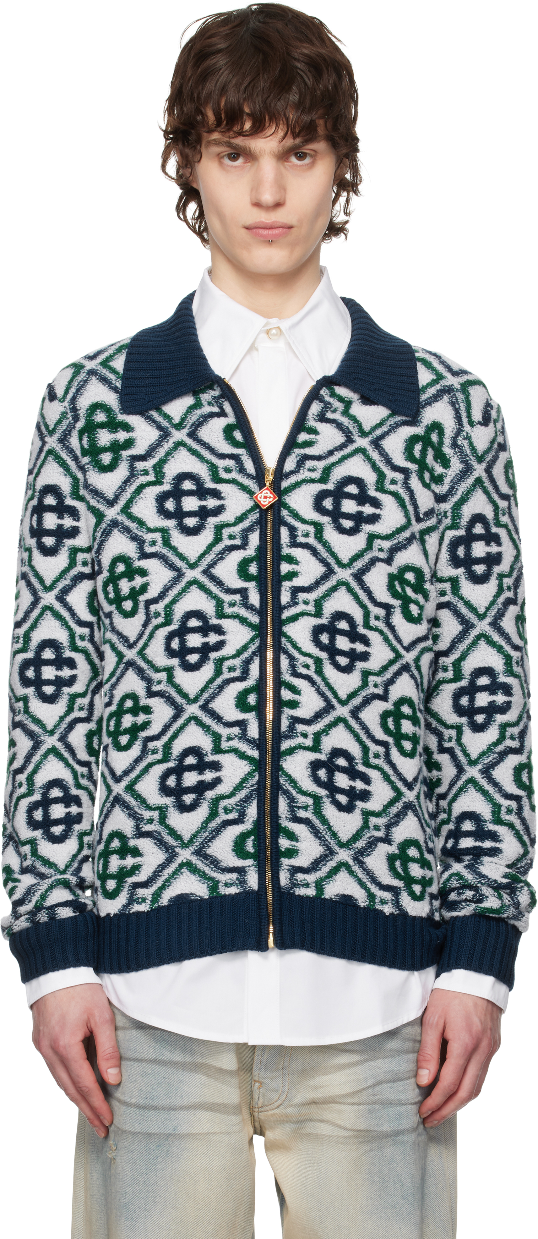 Green 
Navy Monogram Knit Zip Sweater