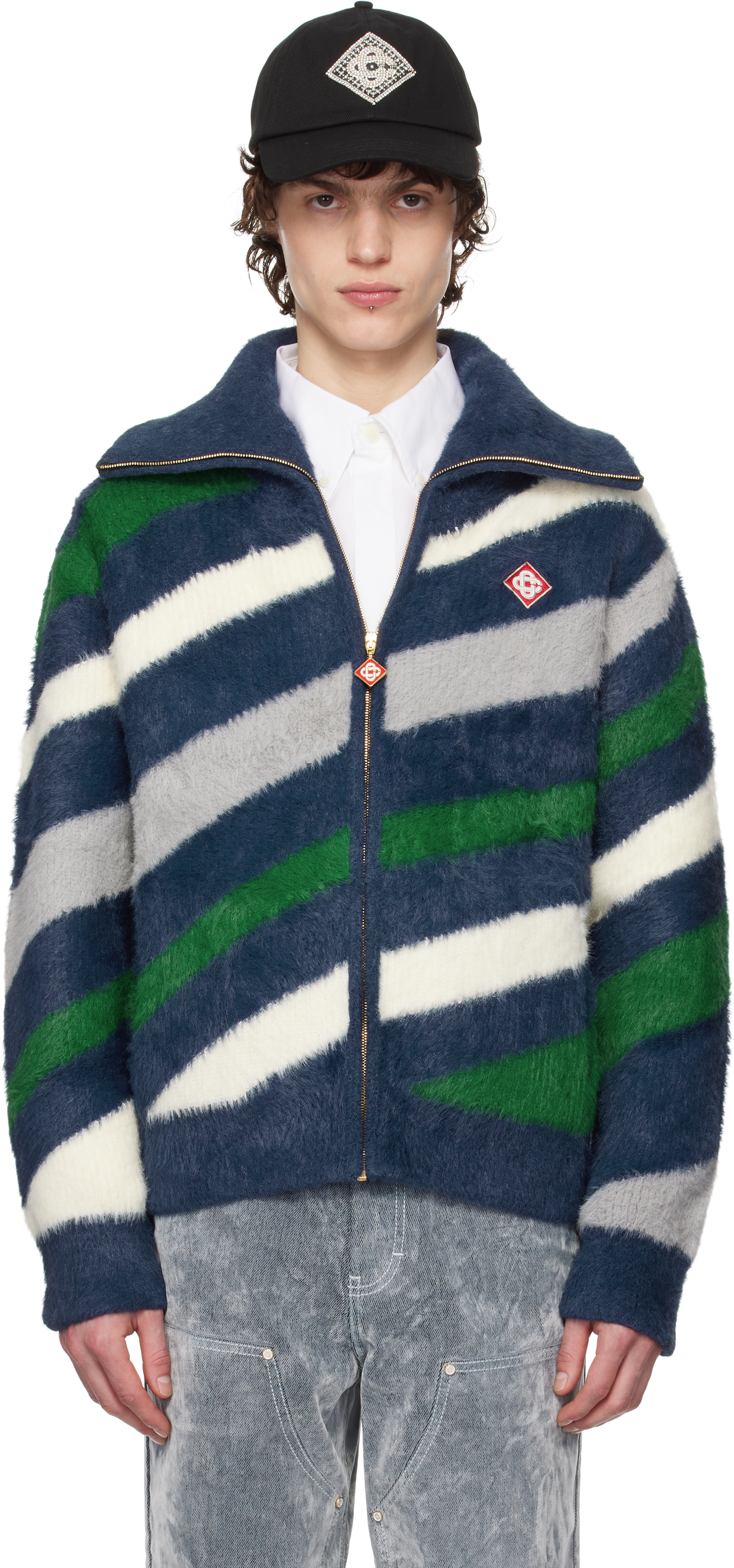 Navy Striped Fluffy Zip Up Jacket