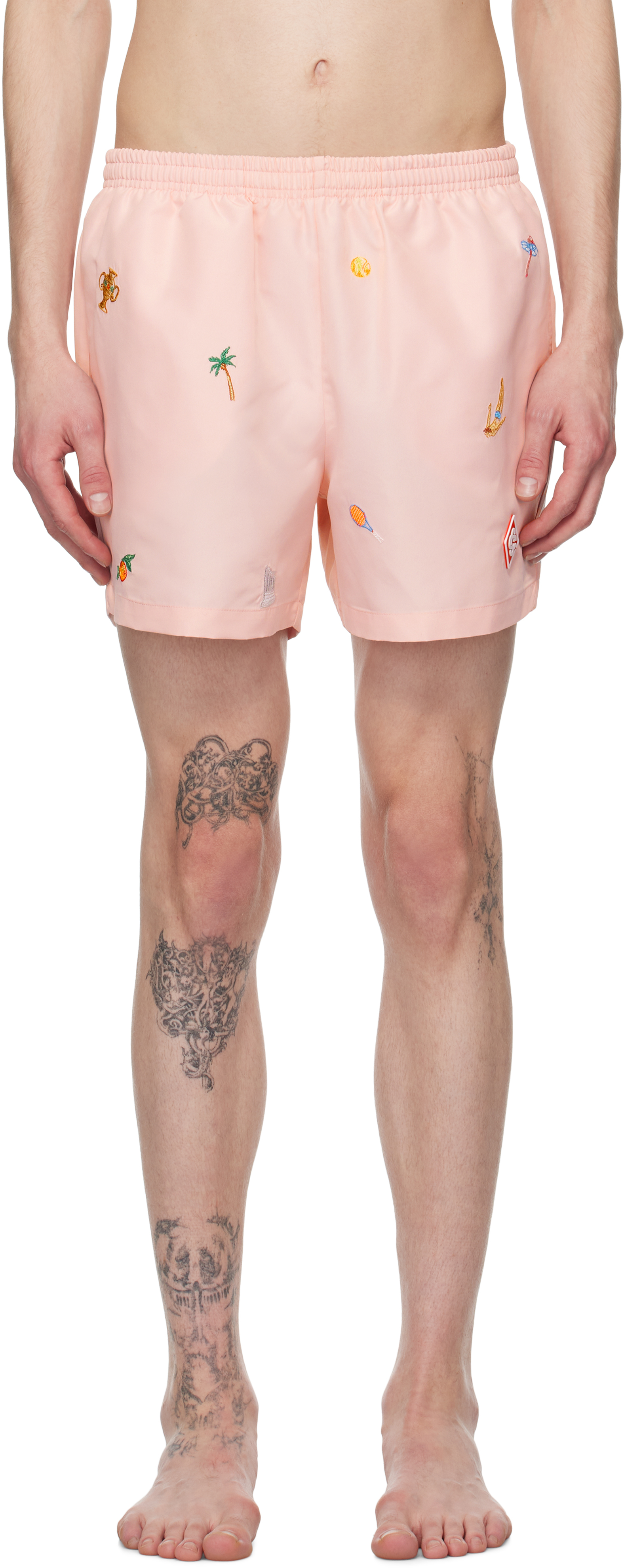 Pink Embroidered Motif Swim Shorts