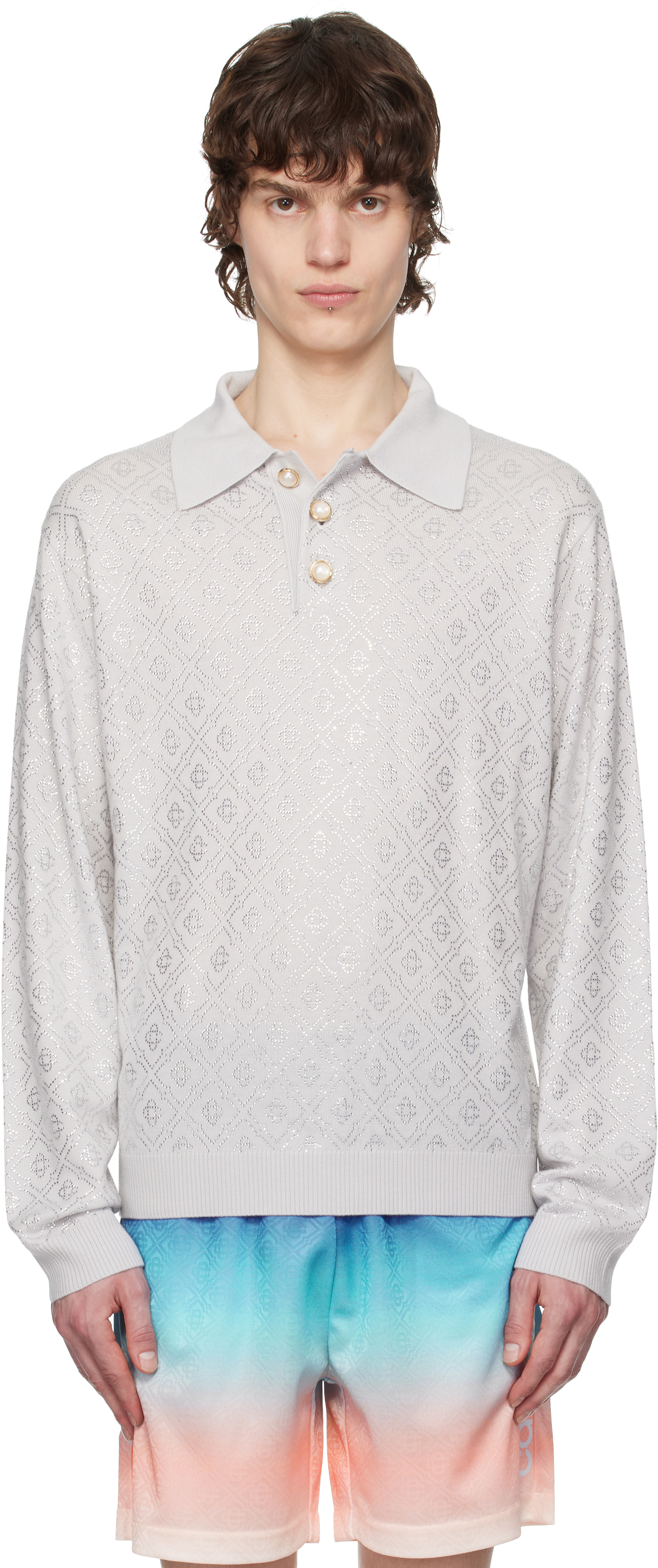 Gray Crystal Monogram Long Sleeve Knit Polo