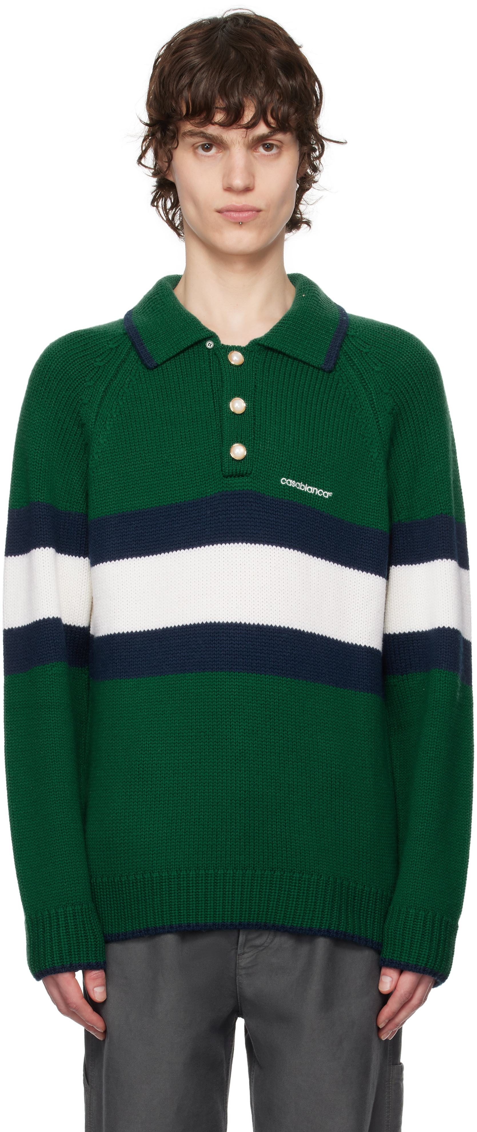 Green Colourblock Long Sleeve Polo