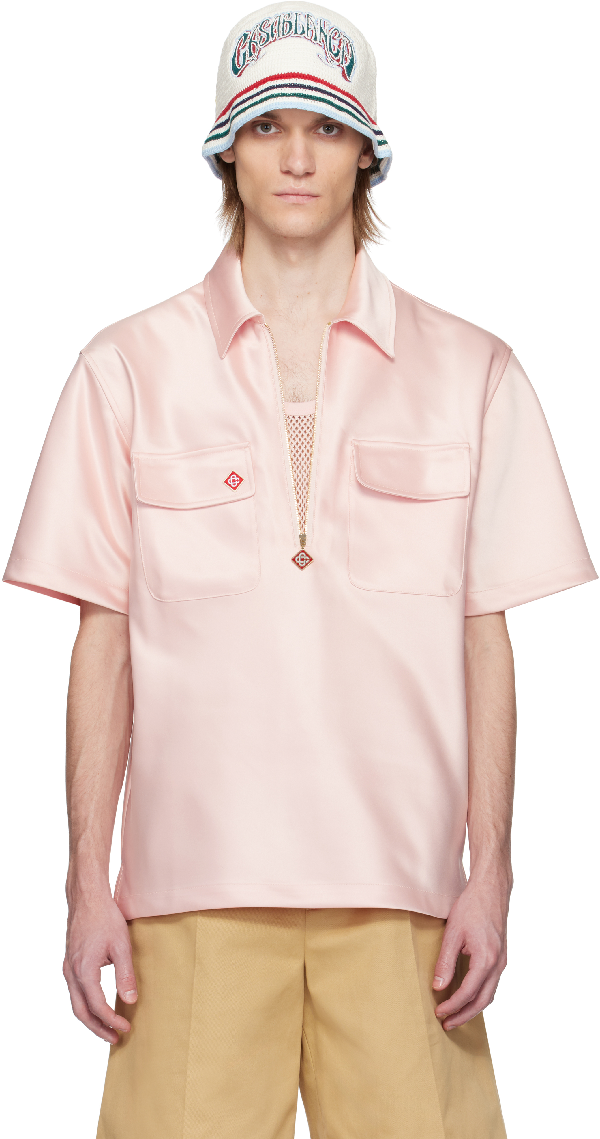 Pink Satin Quarter Zip Shirt by Casablanca on Sale