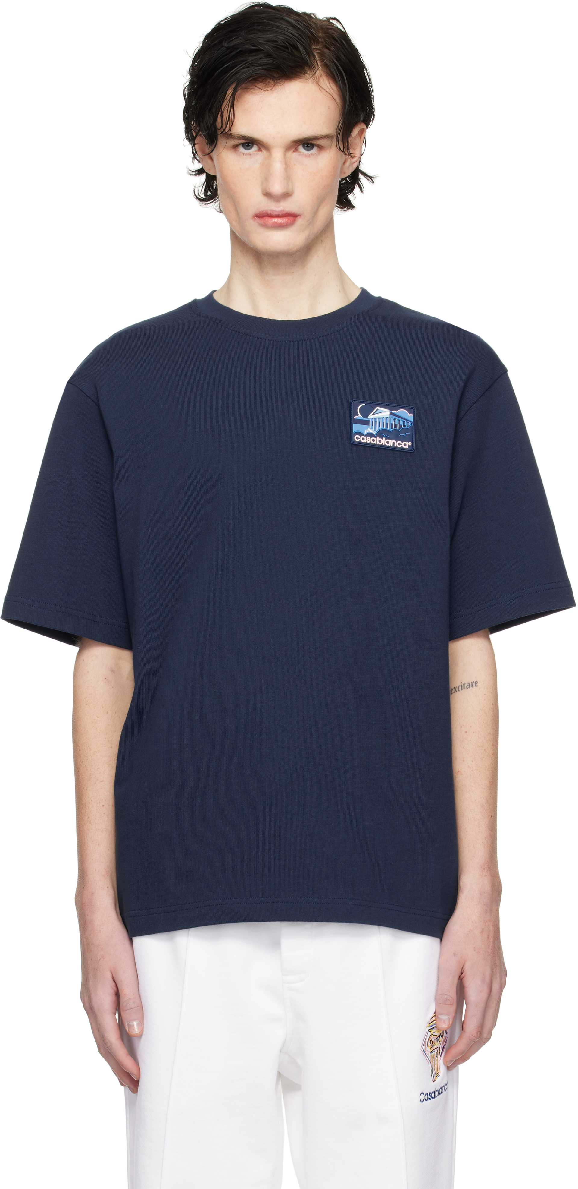 【関税込み】Casablanca ネイビー Greek Temple パッチ Tシャツ Navy Greek Temple Patch T-shirt by Casablanca on Sale