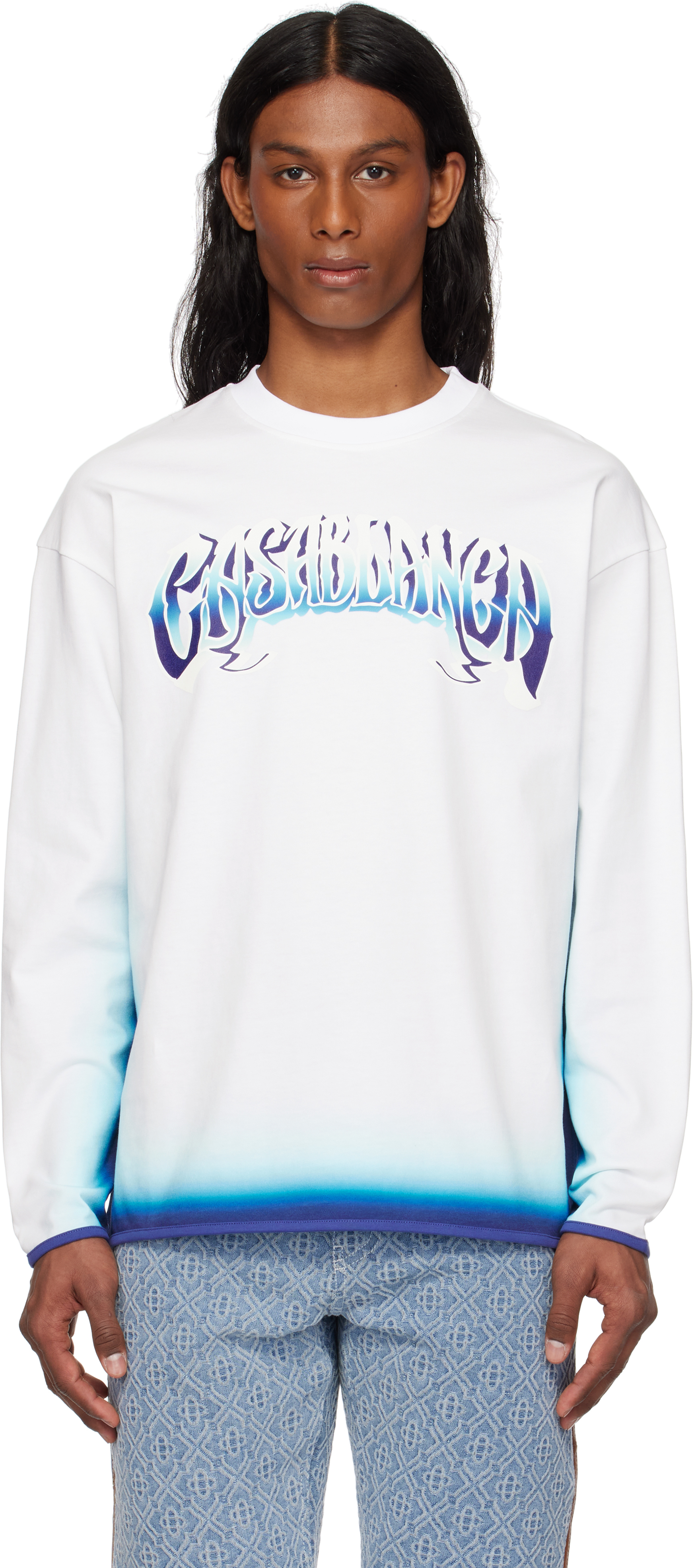 White & Blue Fade Long Sleeve T-shirt