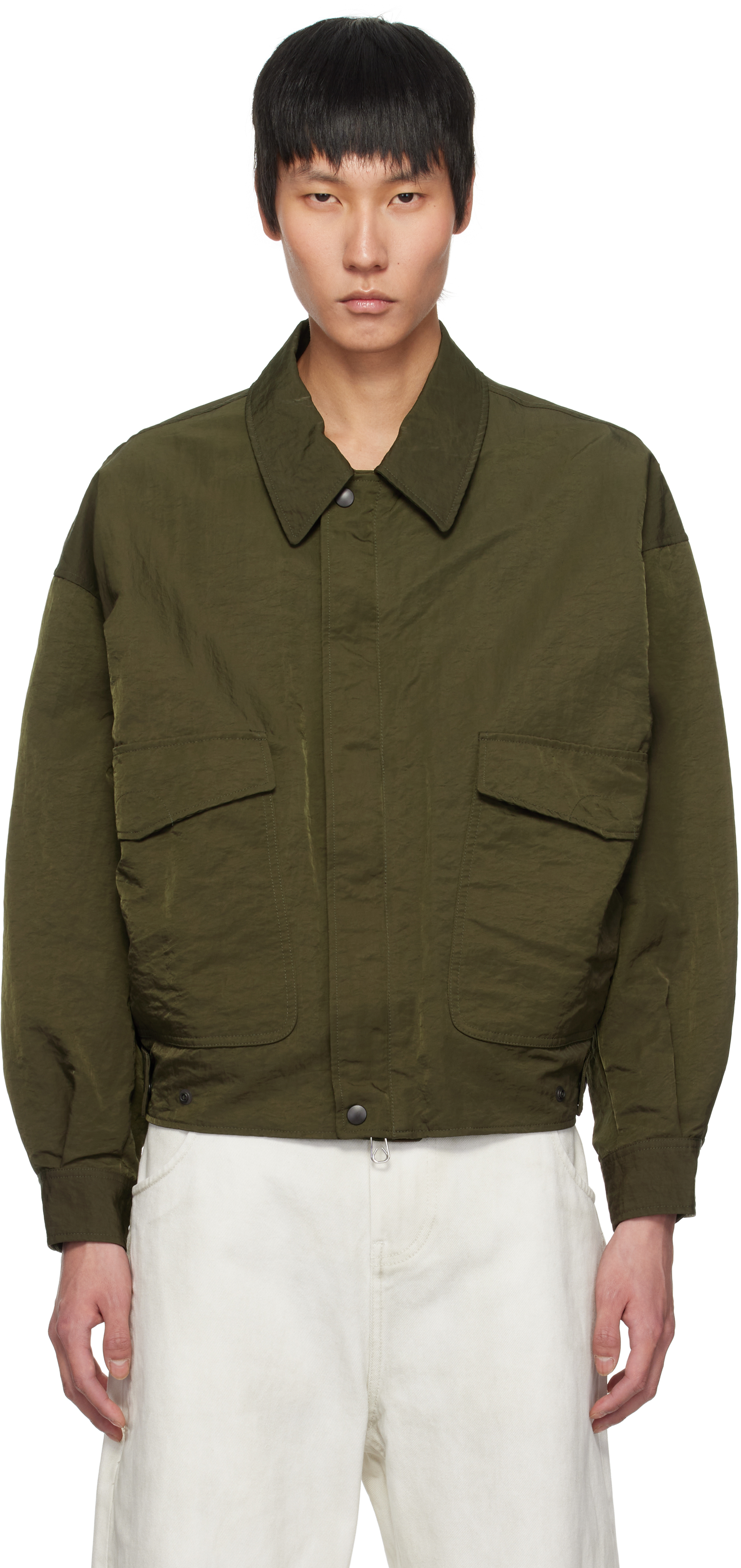 Khaki Hard Wash Nylon Twill Bomber Jacket