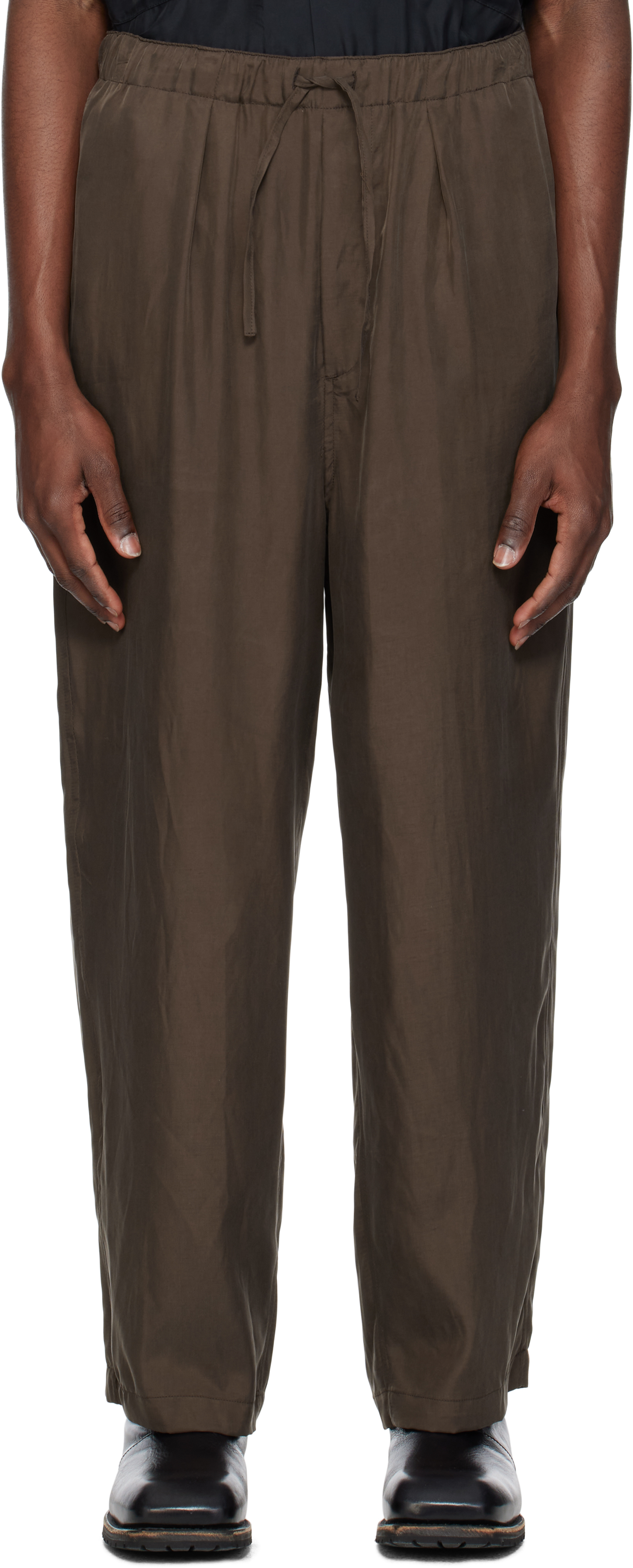YOKE: Brown Chambray Easy Trousers | SSENSE
